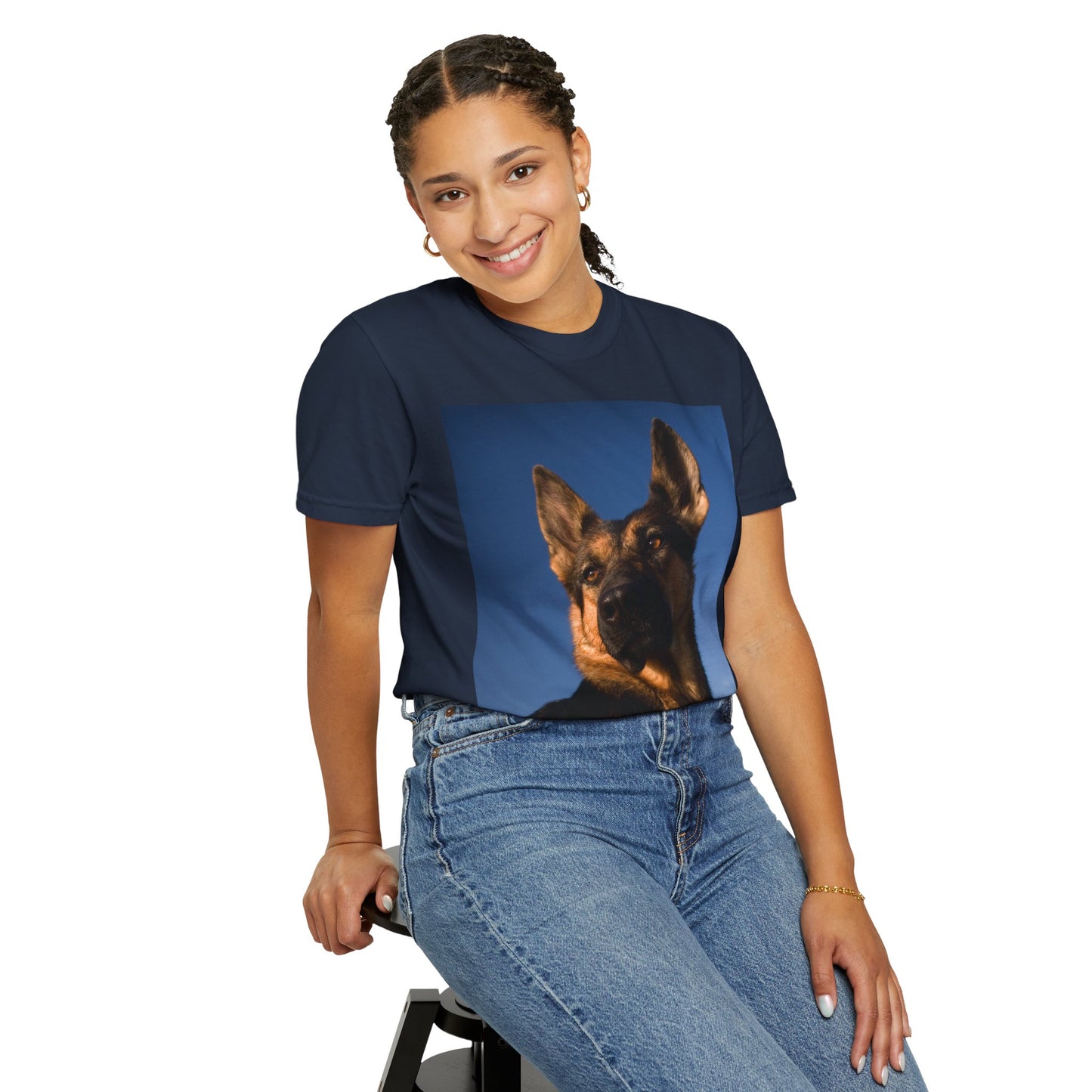 Unisex Dog Lover T-shirt With Close Up Portrait of Giant German Shepherd Turning His Head and Caption Selfless Beings