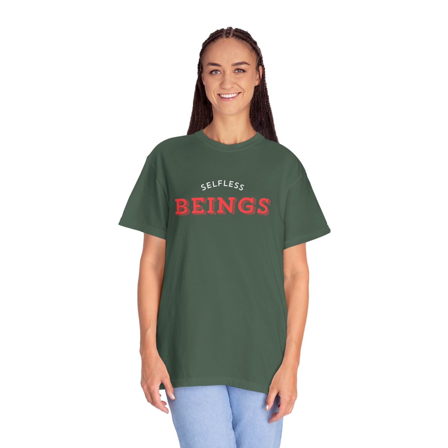 Unisex Dog Lover T-Shirt With Text "Selfless Beings" Designed in Red and White Style
