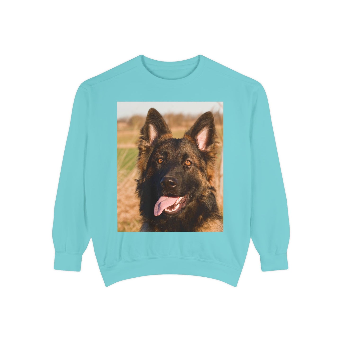 Unisex Dog Lover Sweatshirt With Close Up of Long Coat German Shepherd Sticking Tongue Out