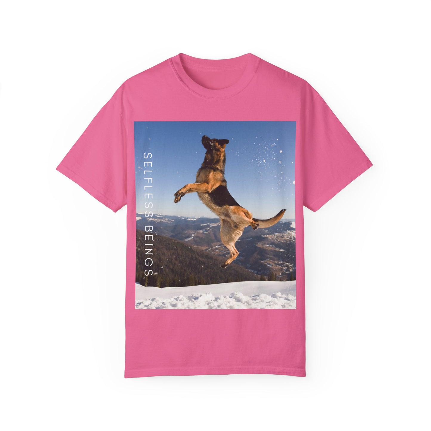 Unisex Dog Lover T-Shirt With a German Shepherd in the Air on Top of Snow Mountain and Caption Selfless Beings
