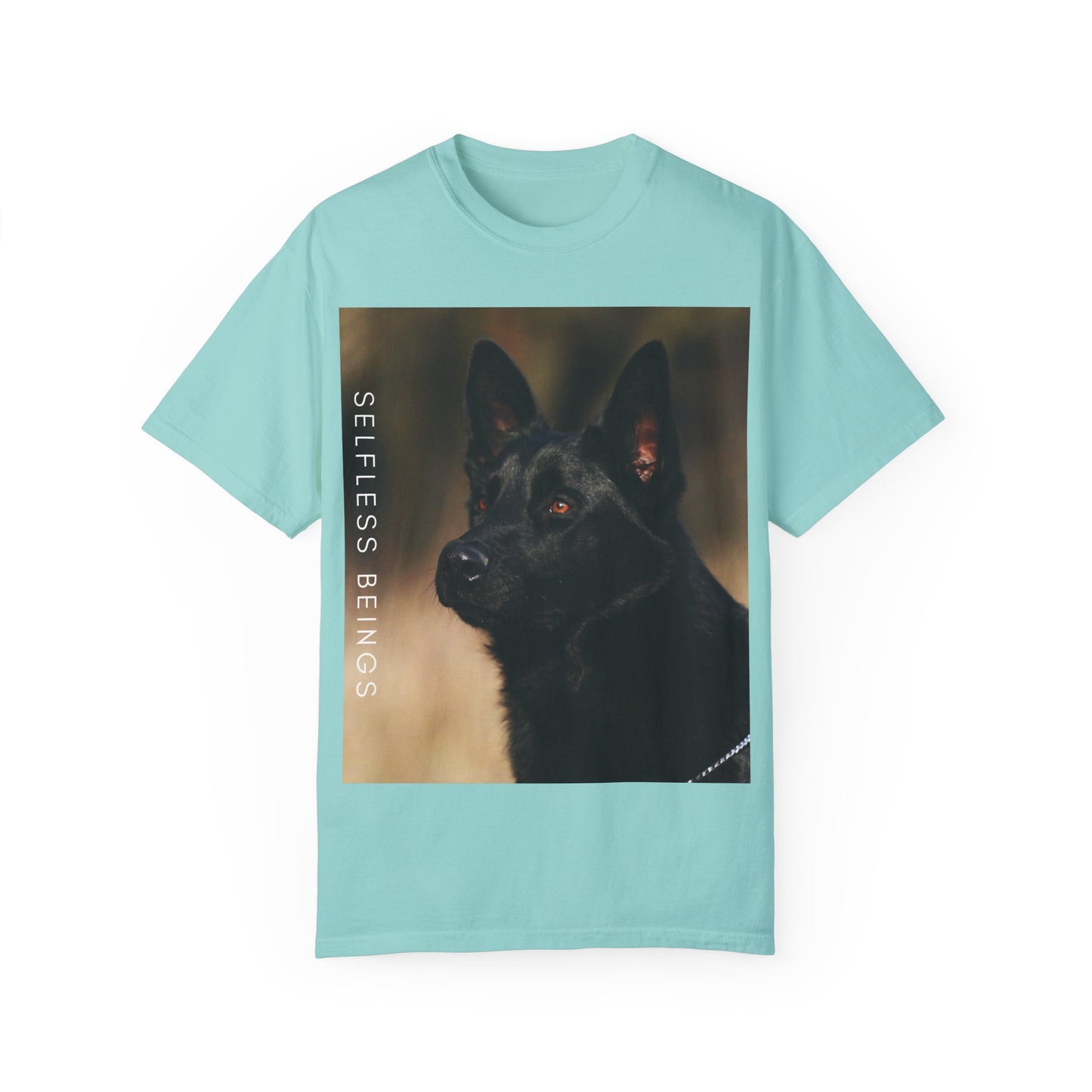 Unisex Dog Lover T-Shirt With Close Up of Serious Looking Solid Black German Shepherd and Caption Selfless Beings