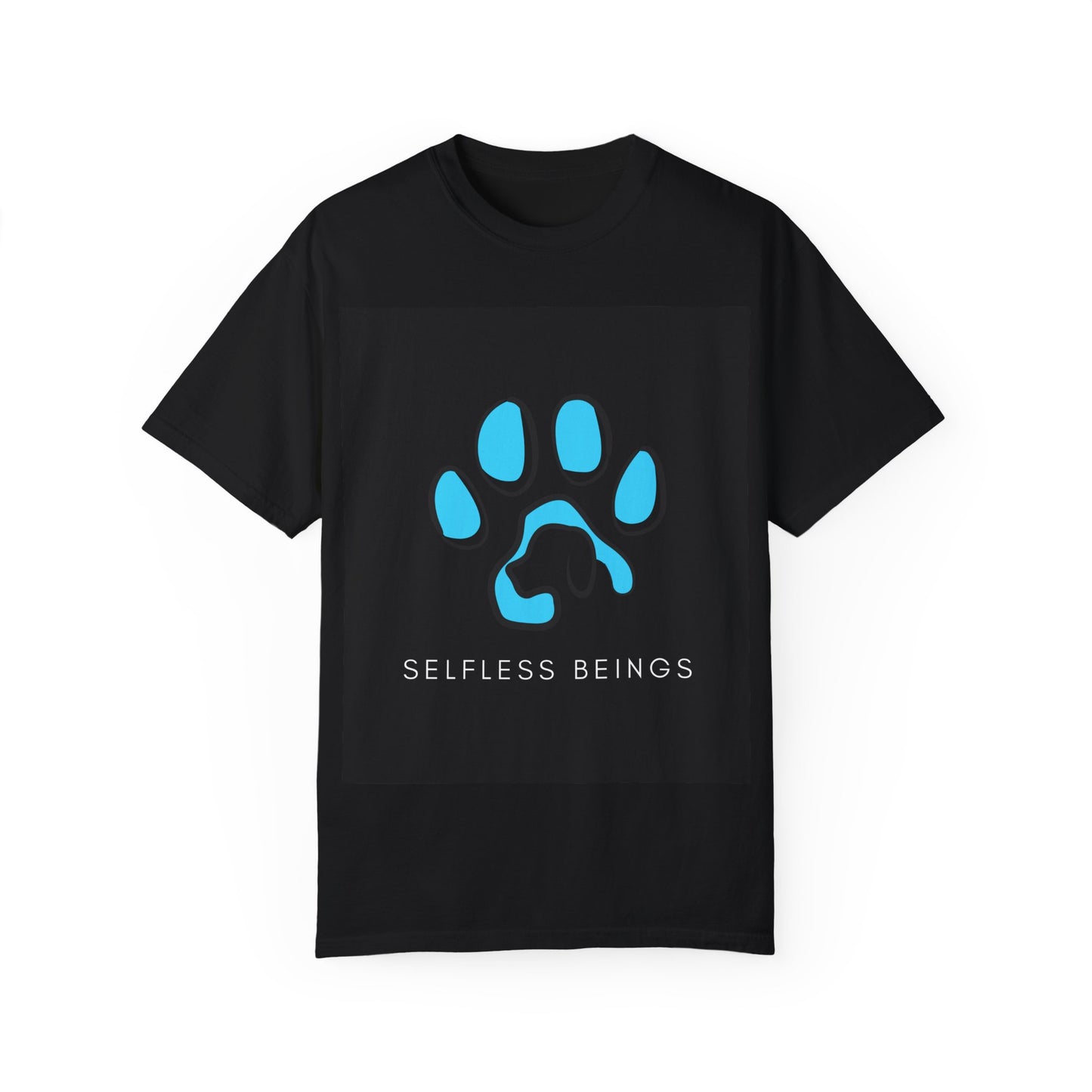 Unisex Dog Lover T-Shirt With Graphic of Blue Colored Dog Paw's Print Whose Metacarpal Contains a Design of Black Dog and Caption Selfless Beings Below