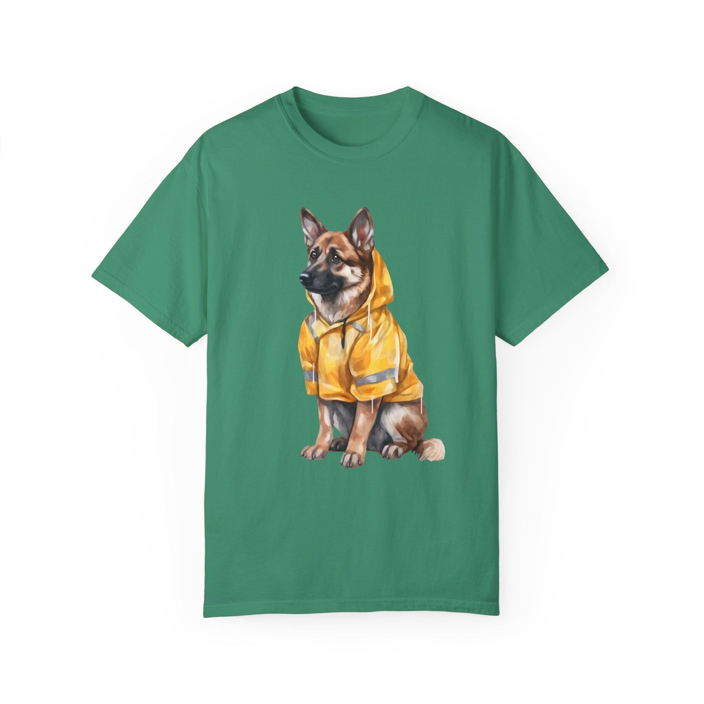 Unisex Dog Lover T-Shirt With a Graphic of German Shepherd Wearing a Yellow Rain Coat