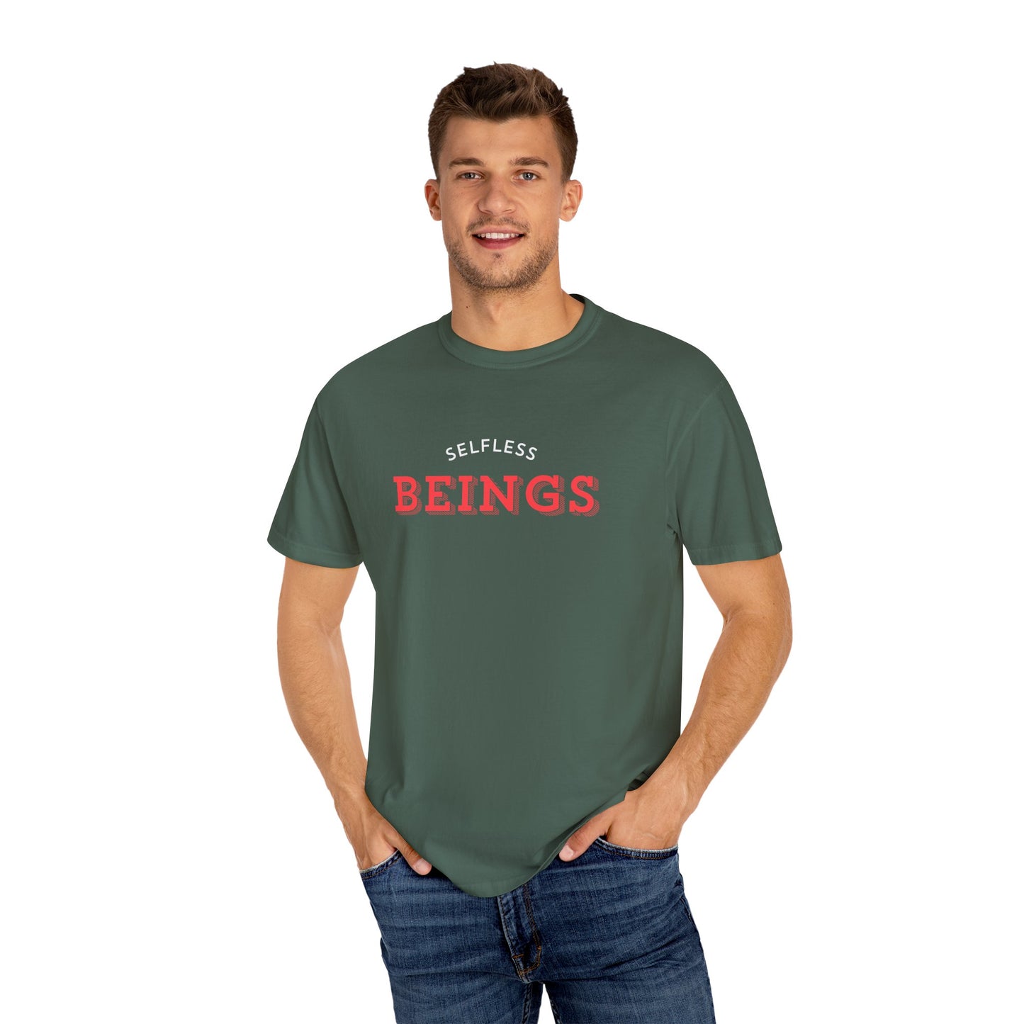 Unisex Dog Lover T-Shirt With Text "Selfless Beings" Designed in Red and White Style