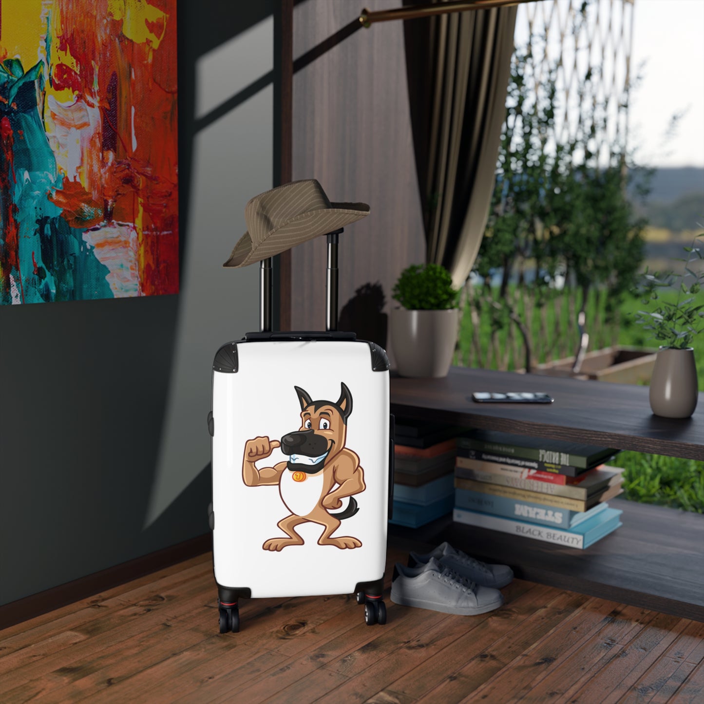 Dog Lover Suitcase Featuring a Funny Cartoon of Muscular German Shepherd Standing on Two Legs
