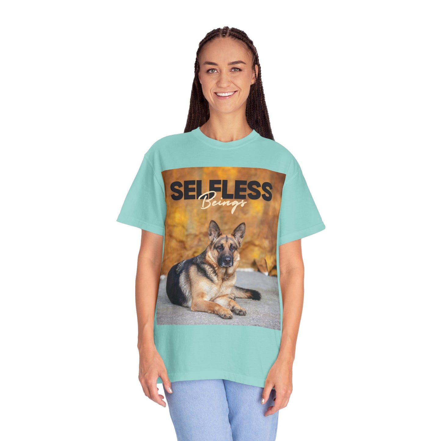 Unisex Dog Lover T-Shirt With Showline German Shepherd Posing for Camera, Autumn Background and Caption Selfless Beings