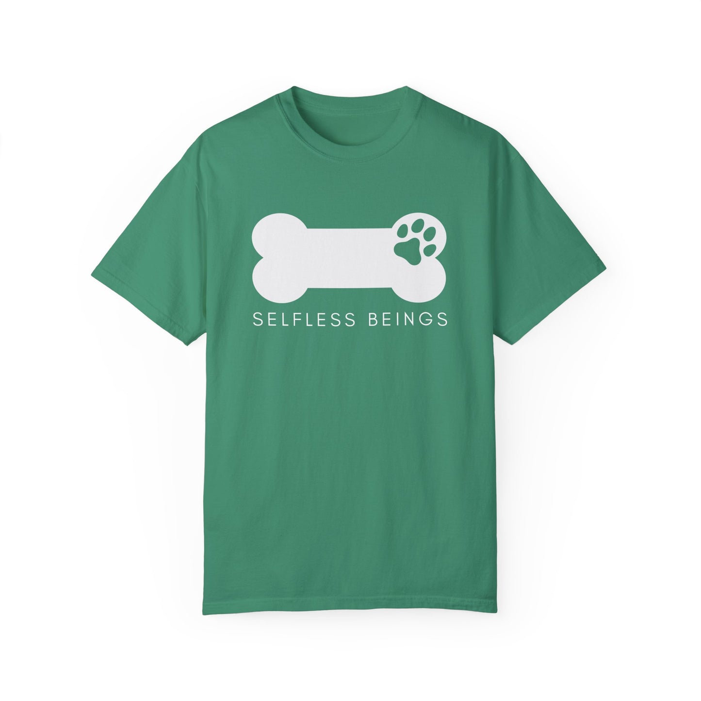 Unisex Dog Lover T-Shirt With Dog's Paw Print Inside a Bone and Caption Selfless Beings
