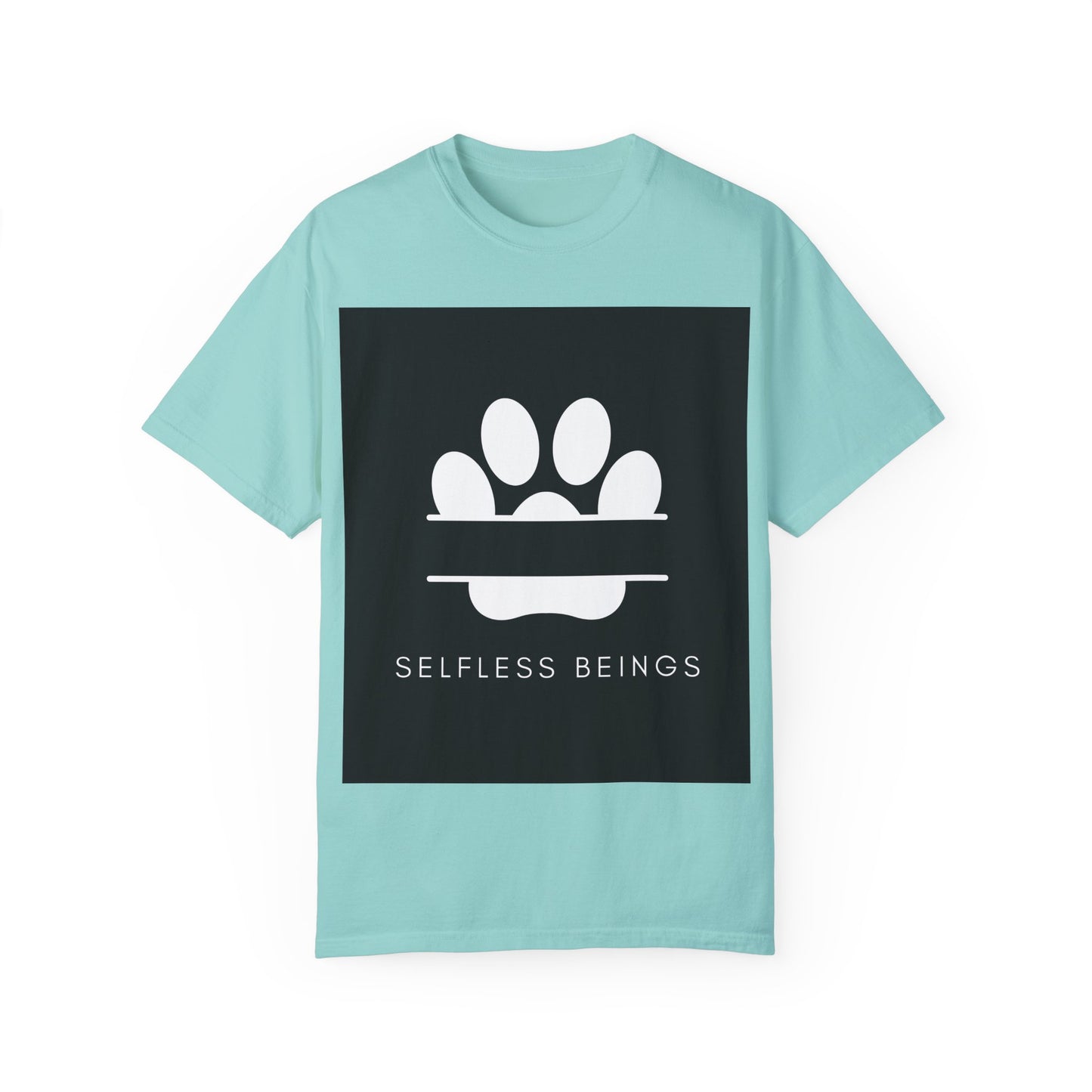 Unisex Dog Lover T-Shirt With Design of Dog's White Paw Print Whose Metacarpal is Split and Caption Selfless Beings