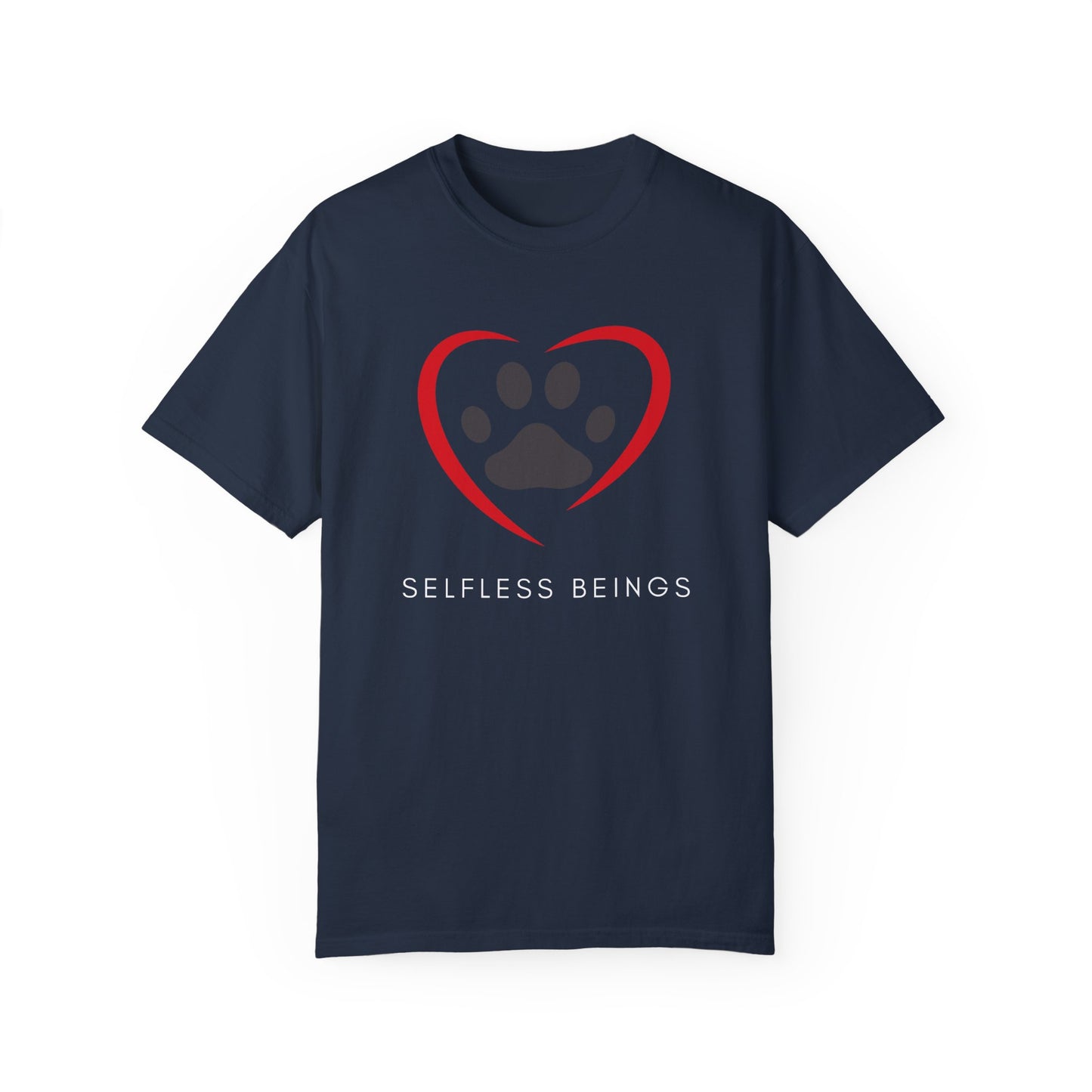 Unisex Dog Lover T-Shirt With Graphic of Curvy Heart Boundaries Contain Dog Paw Print and Caption Selfless Beings Below