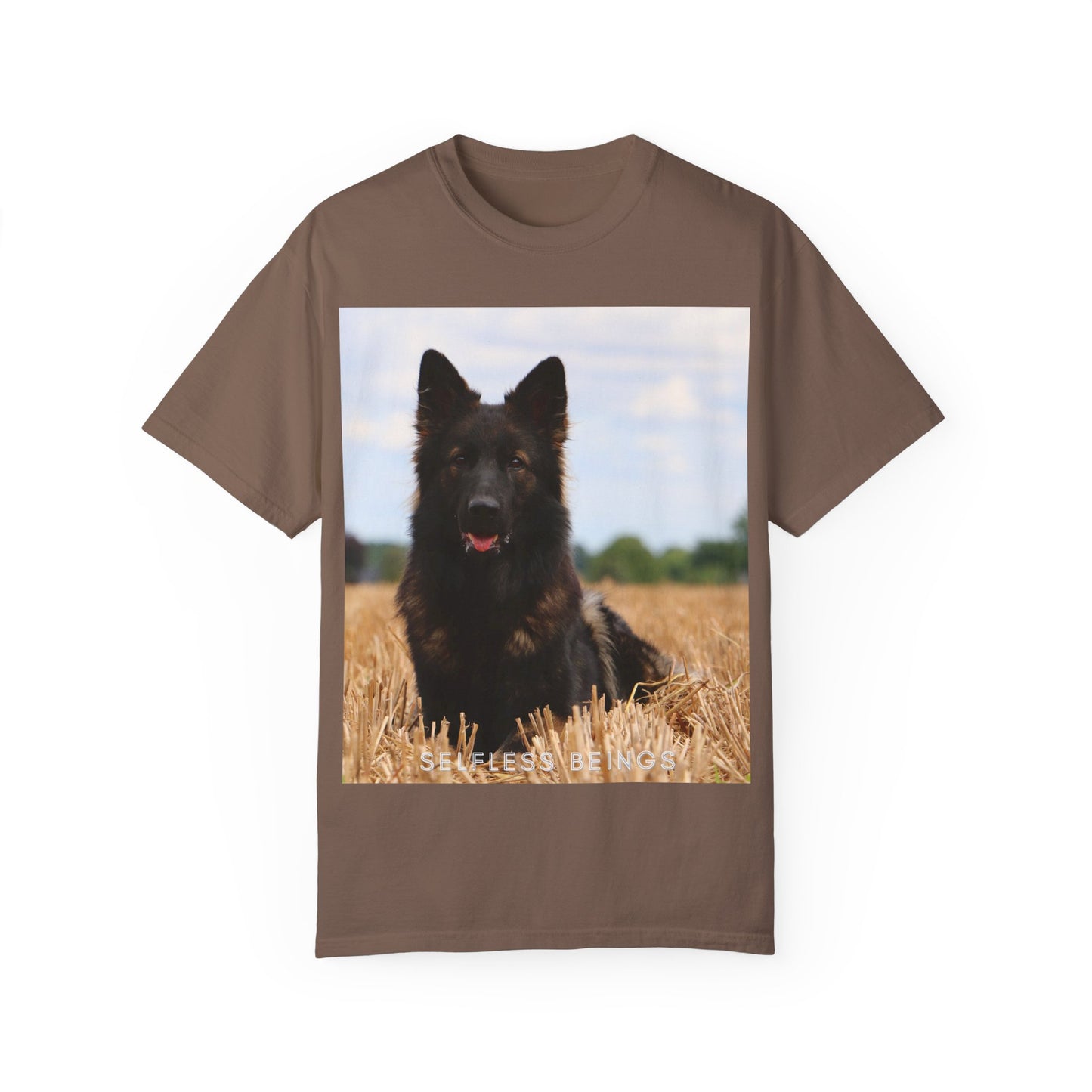 Unisex Dog Lover T-Shirt With Beautiful German Shepherd Sitting Over a Stover and Caption Selfless Beings