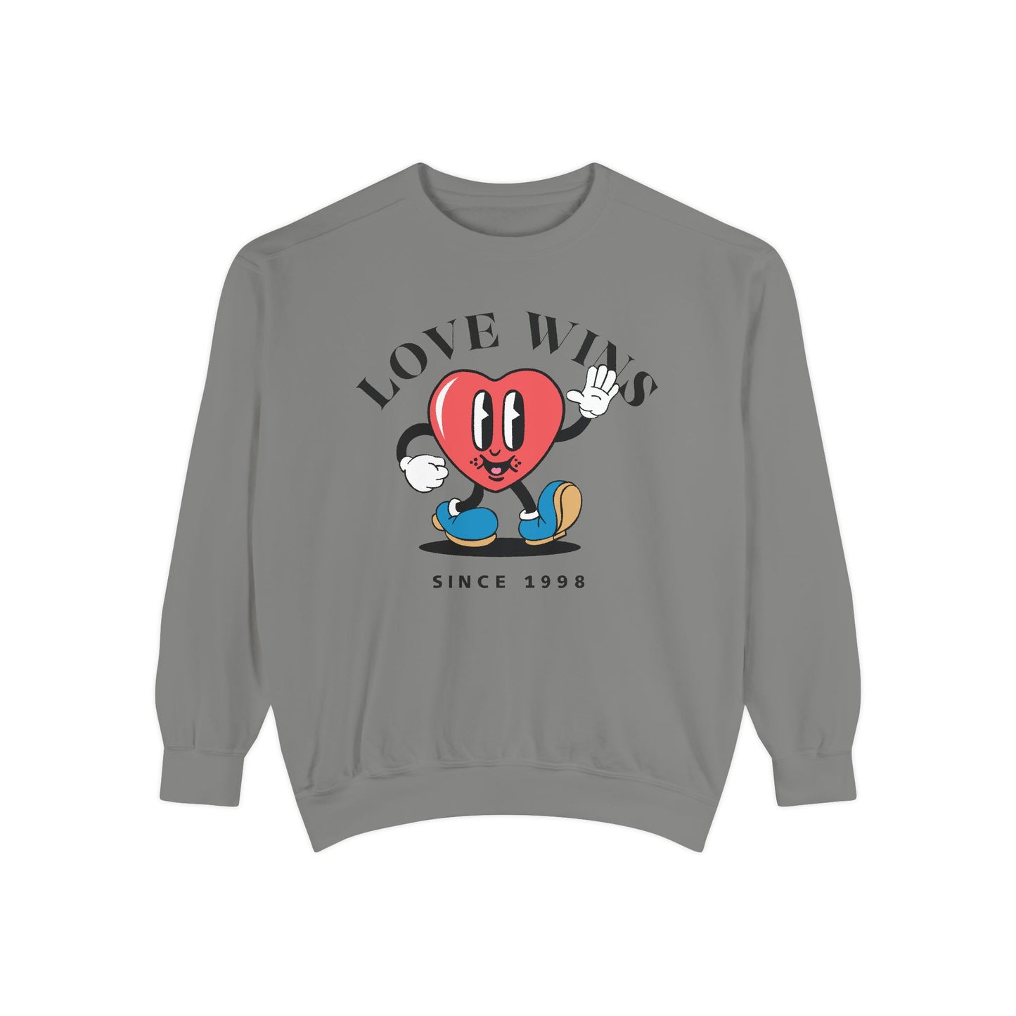 Unisex Valentine's Day Vintage Sweatshirt With a Heart Character and Caption Love Wins