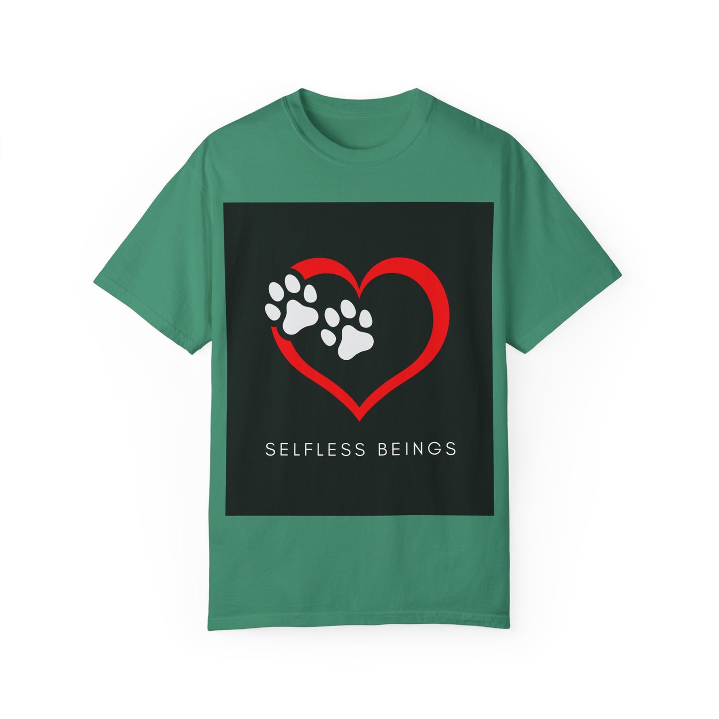 Unisex Dog Lover T-Shirt With Graphic of Red Heart That Contains Two White Dog Paw Prints and Caption Selfless Beings