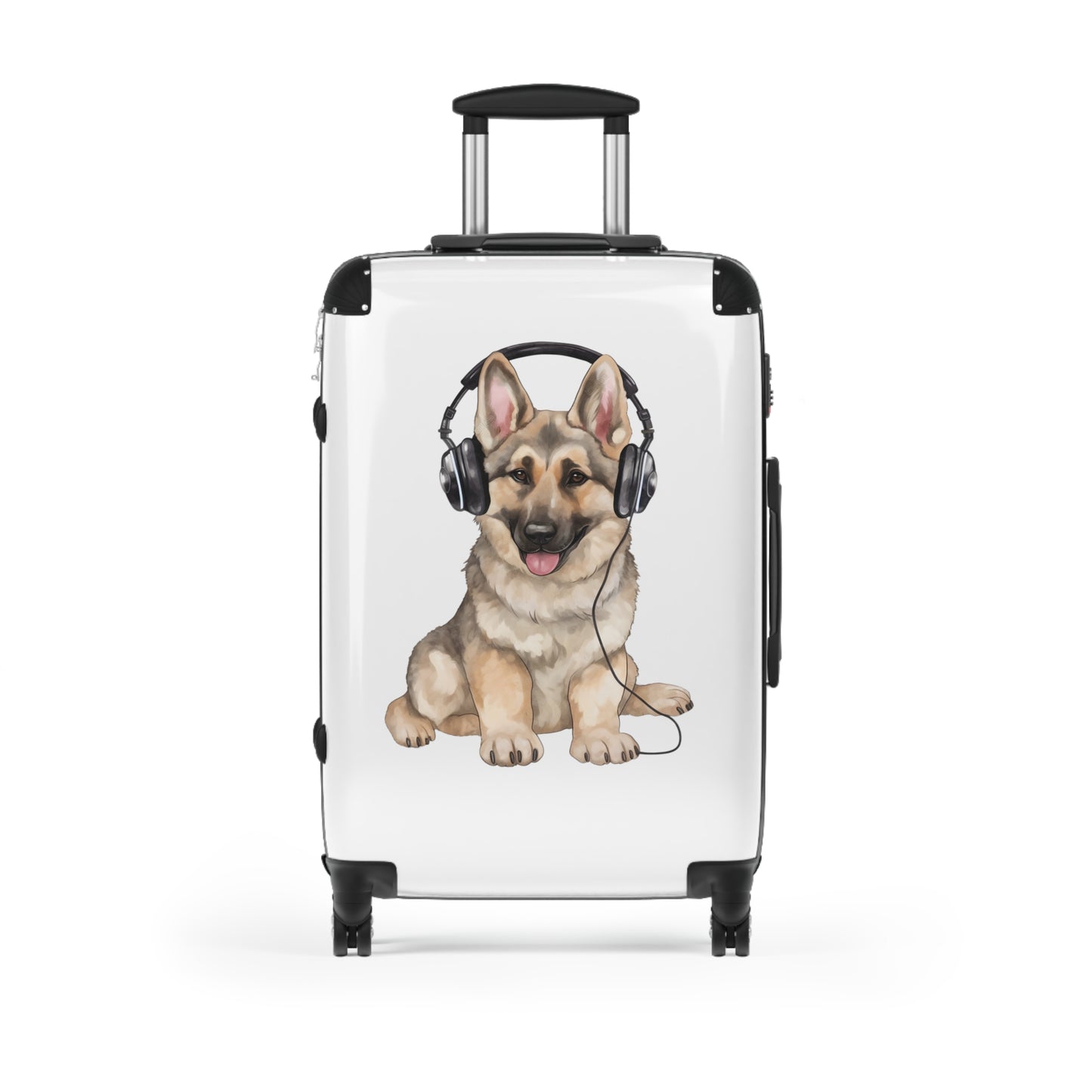 Travel Suitcase Featuring Graphic of German Shepherd Wearing Headphones Enjoying Music