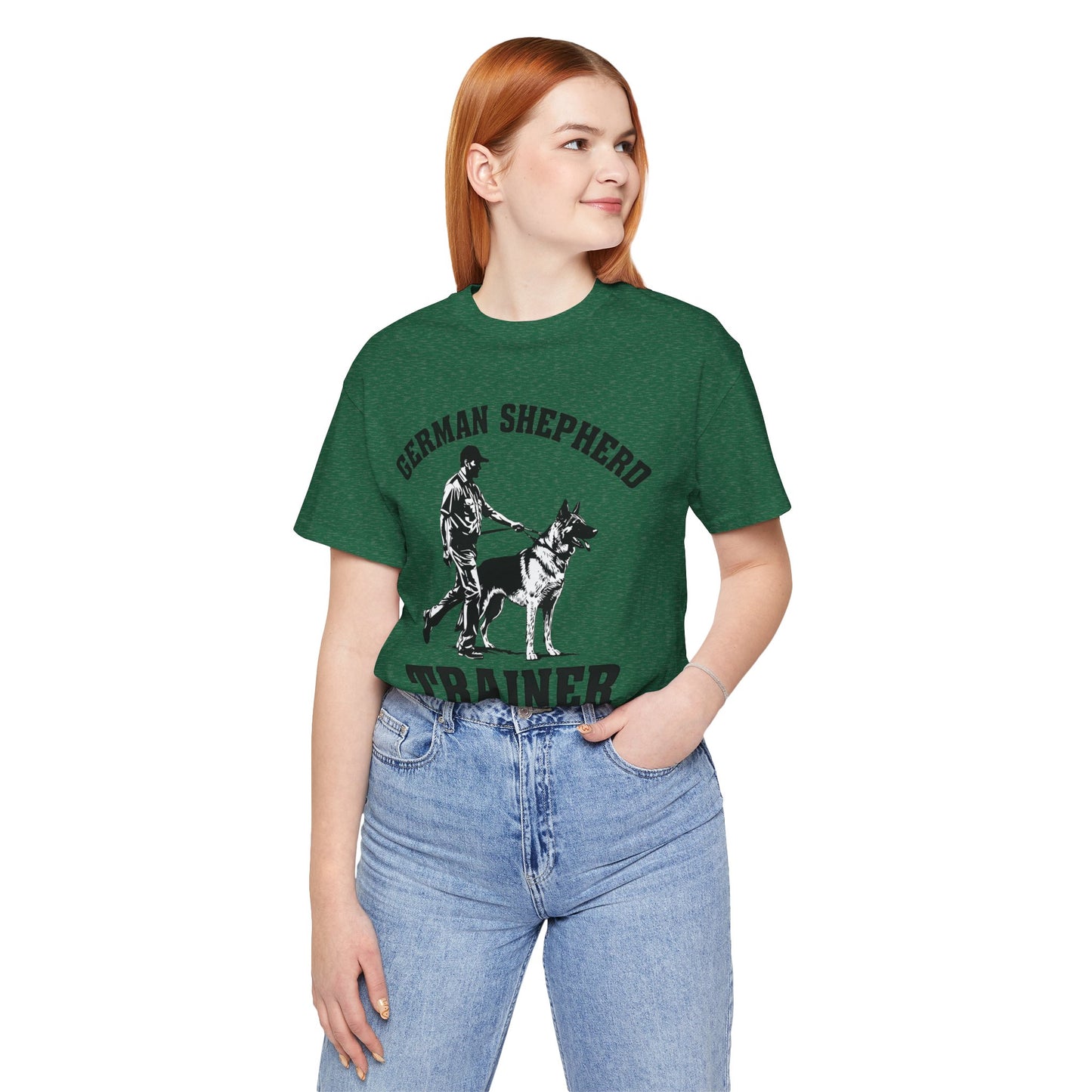 German Shepherd Trainer Tee - Black and White Design of Man Holding a German Shepherd