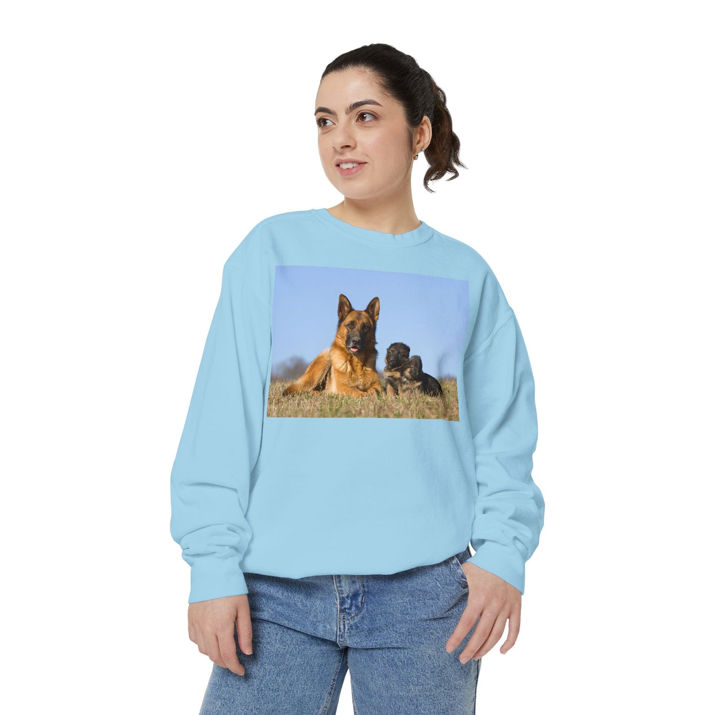 Unisex Dog Lover Sweatshirt With a German Shepherd Lying on the Grass With Two Puppies