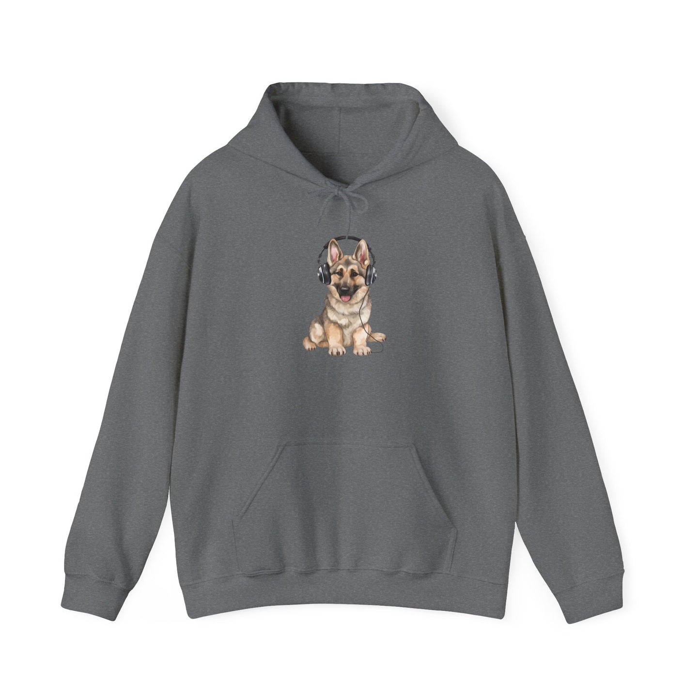 Unisex Dog Lover Hoodie With a German Shepherd Wearing Headphones Enjoying Music