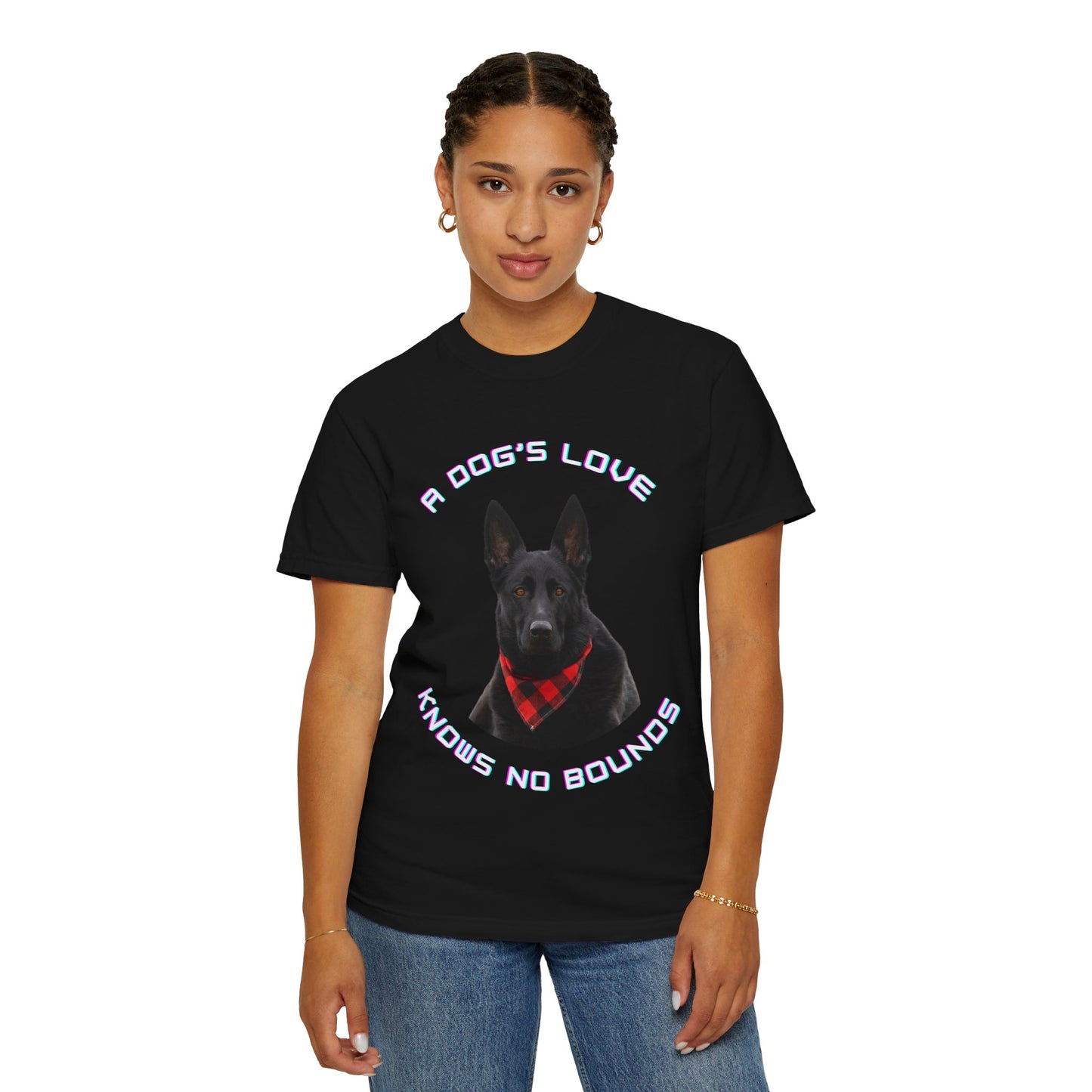 Unisex Dog Lover T-Shirt With Black German Shepherd Wearing a Romal and Quote A Dog’s Love Knows No Bounds