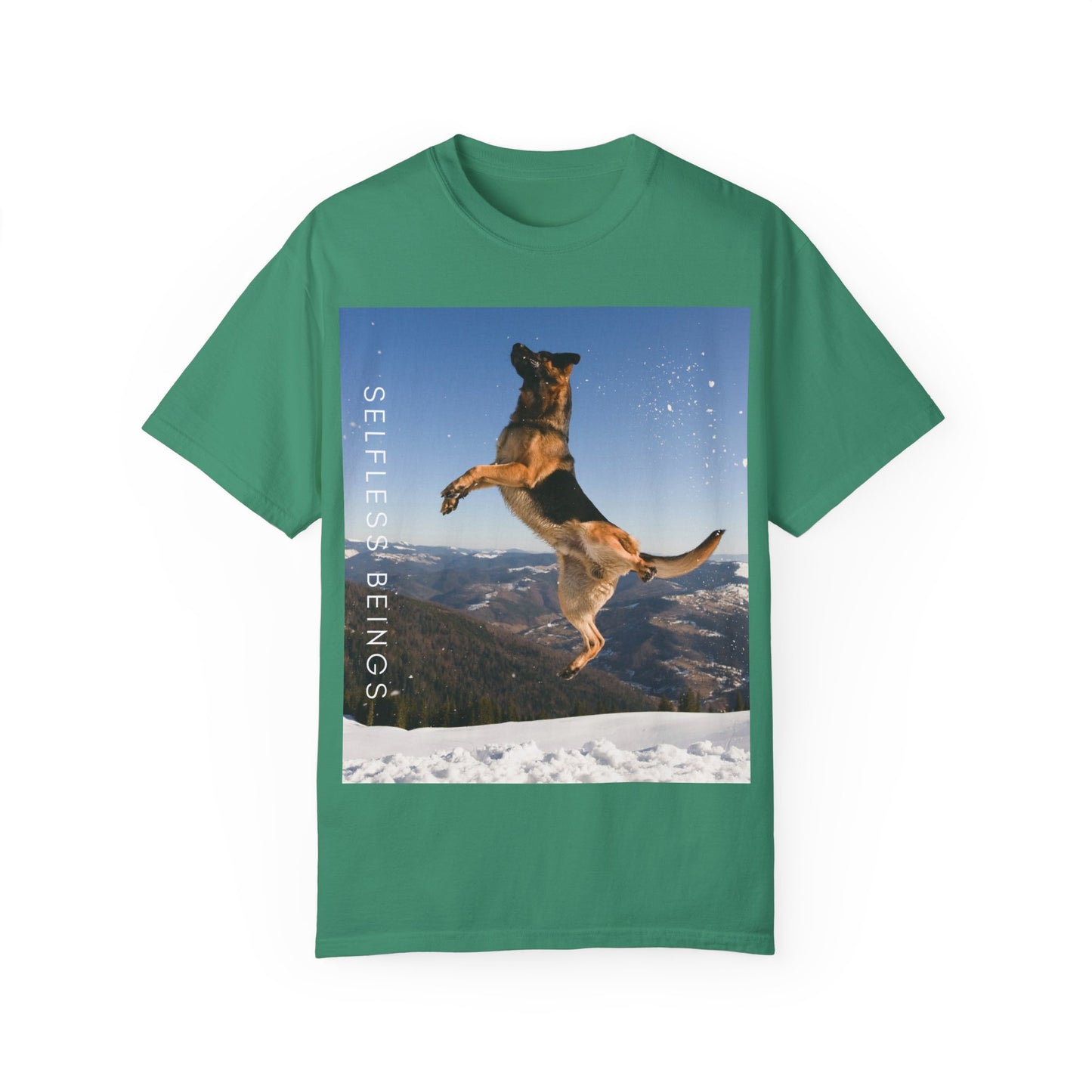 Unisex Dog Lover T-Shirt With a German Shepherd in the Air on Top of Snow Mountain and Caption Selfless Beings