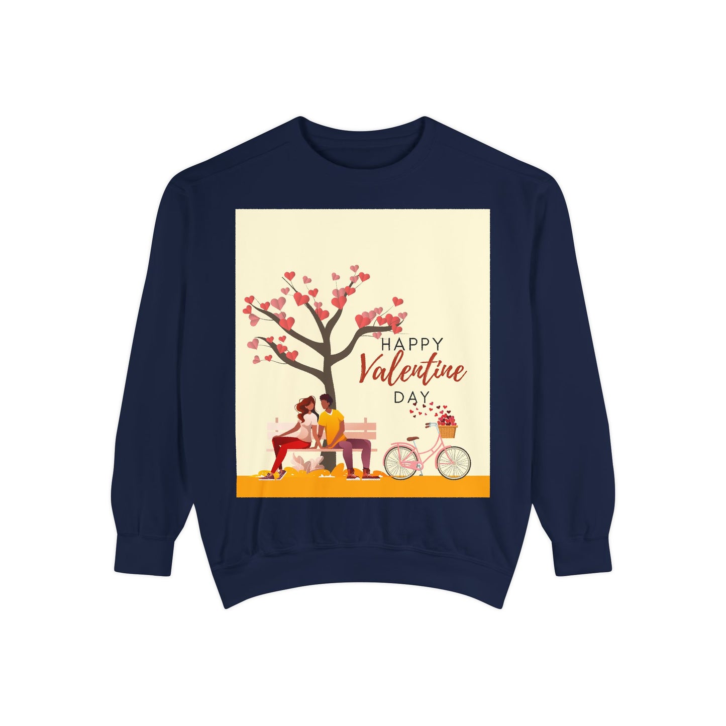 Unisex Valentine's Day Sweatshirt With Art Showing Couple Sitting on a Bench Under the Tree and Caption Happy Valentine's Day