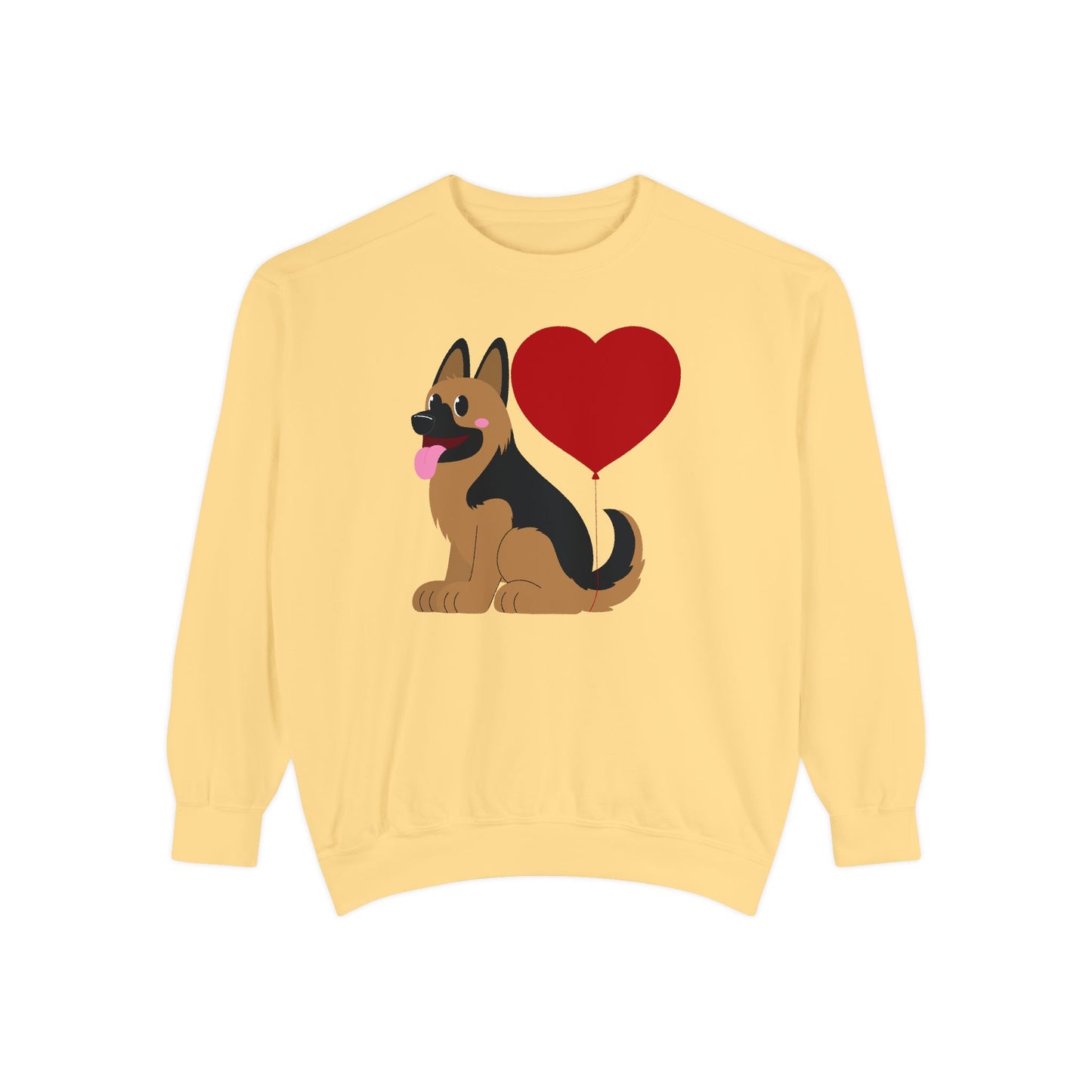Unisex Dog Lover Sweatshirt With a Graphic of German Shepherd Puppy and Heart Shaped Balloon Attached With Tail