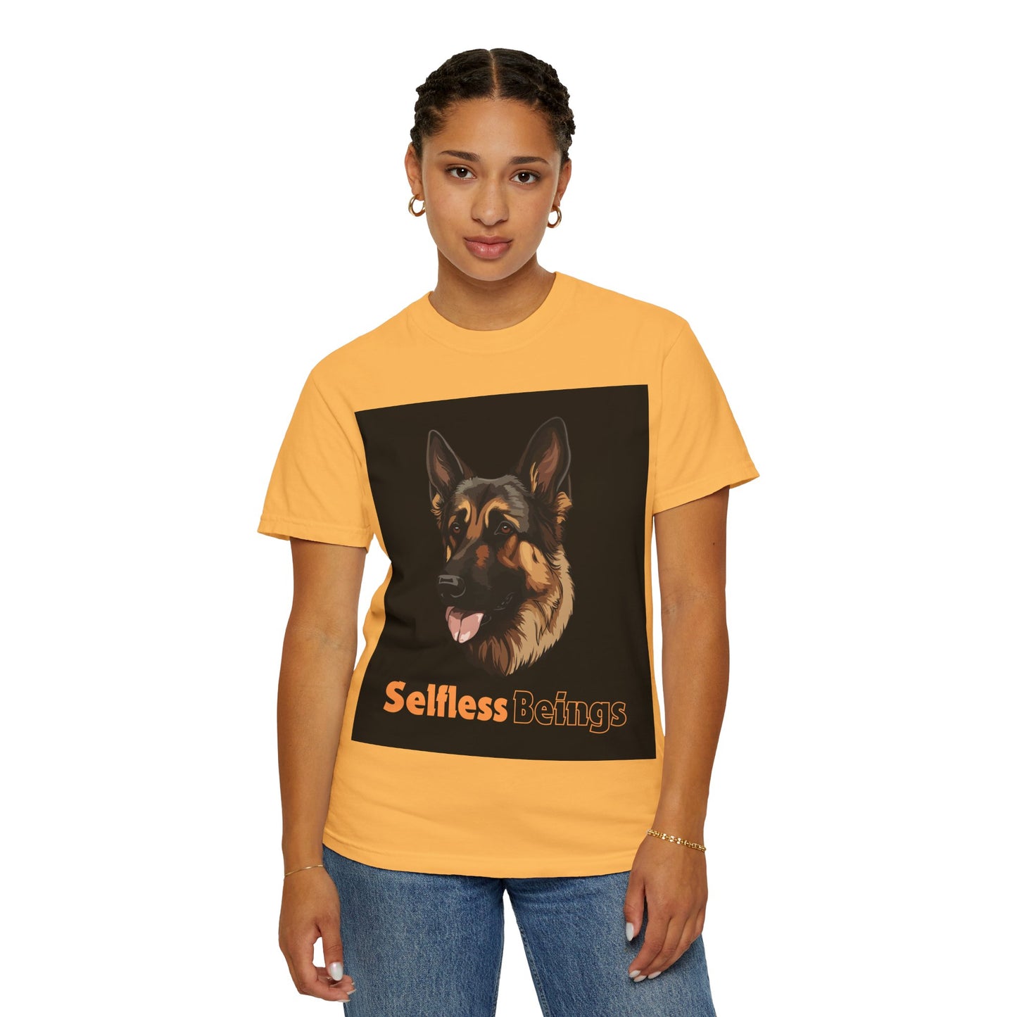 Unisex Dog Lover T-Shirt With Close Up Graphic of German Shepherd and Caption Selfless Beings is Written with Text Effect in Light Orange