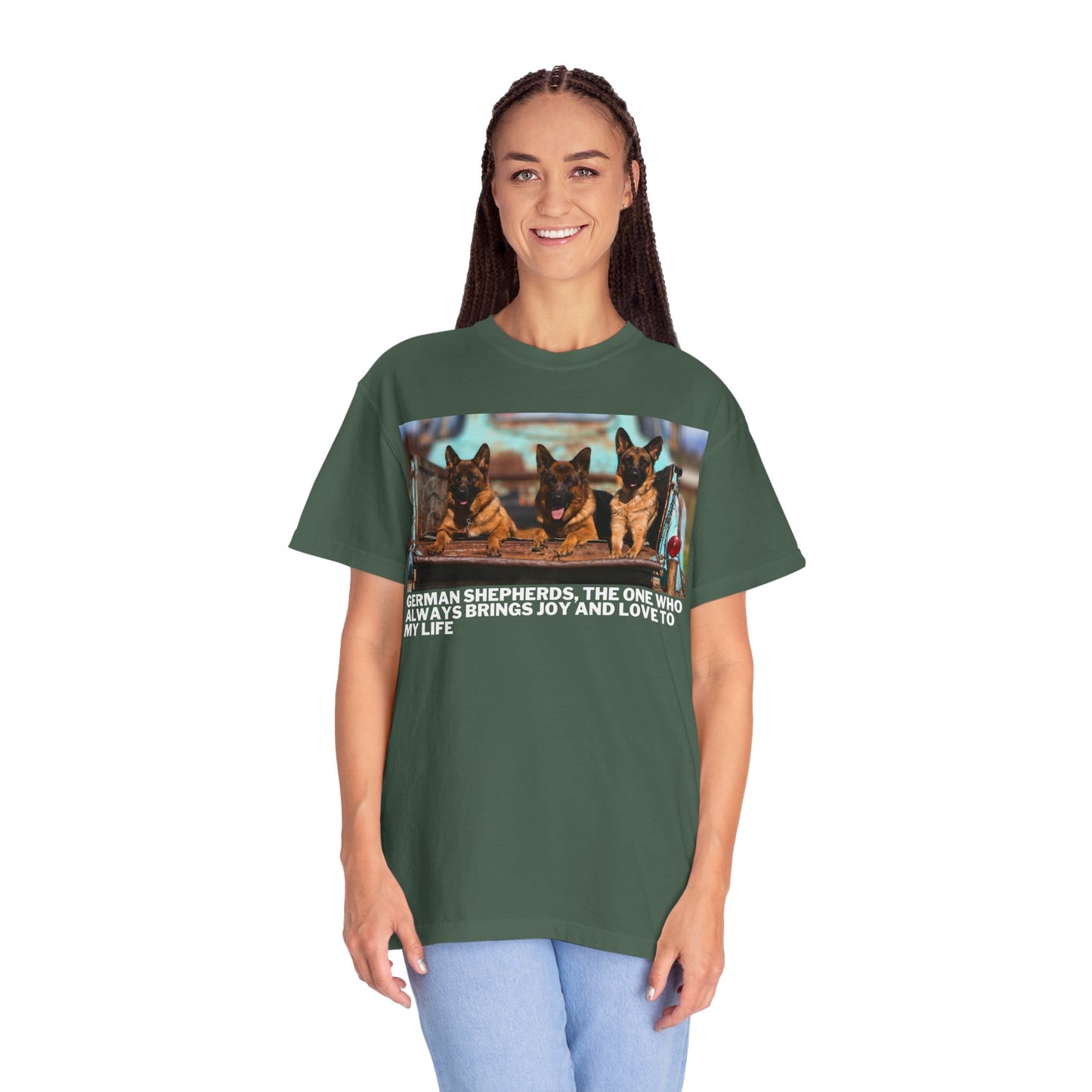 Unisex Dog Lover T-Shirt With Three German Shepherds Lying on the Truck's Cargo Bed in a Row and Caption The One Who Always Brings Joy and Love to My Love