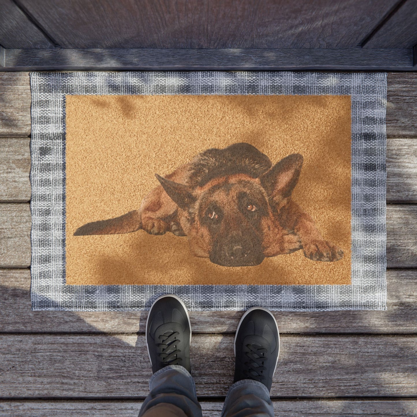 Custom German Shepherd Doormat Featuring a Sad German Shepherd Resting on the Floor