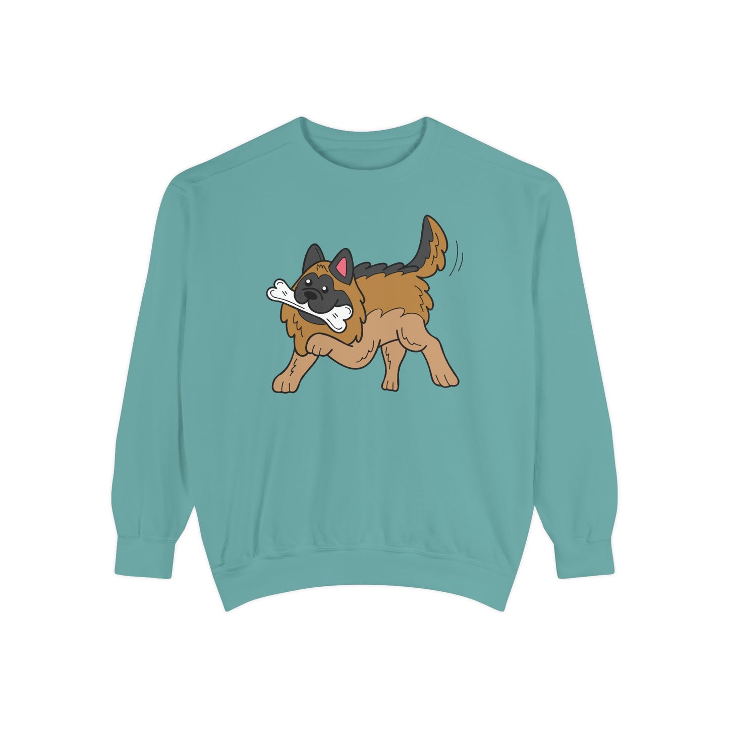 Unisex Dog Lover Sweatshirt With a Graphic of a German Shepherd Holding a White Bone in Mouth