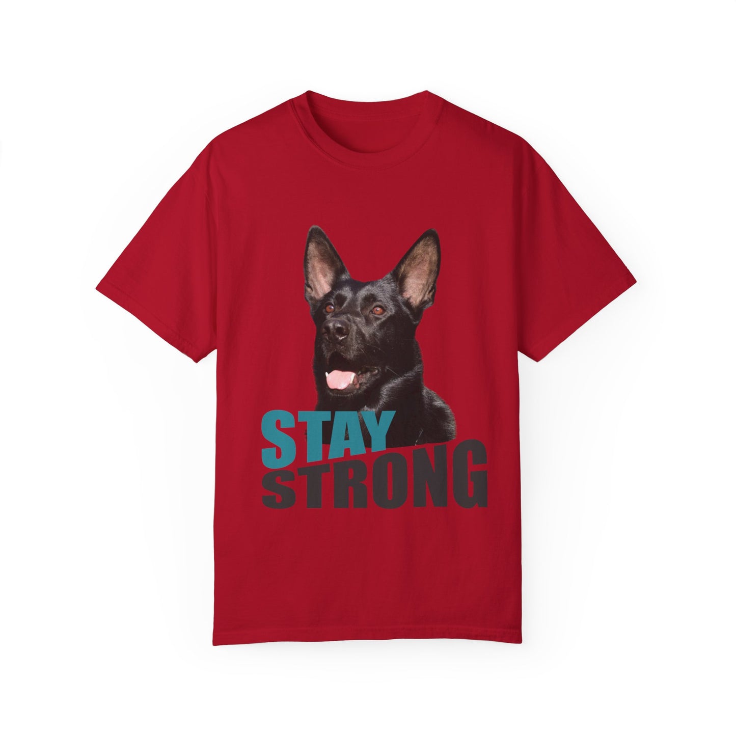 Unisex Dog Lover T-Shirt With Solid Black Working Line German Shepherd Mouth Opened and Caption Stay Strong