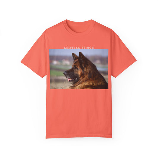 Unisex Dog Lover T-Shirt With Giant Long Coat German Shepherd Looking Straight and Caption Selfless Beings