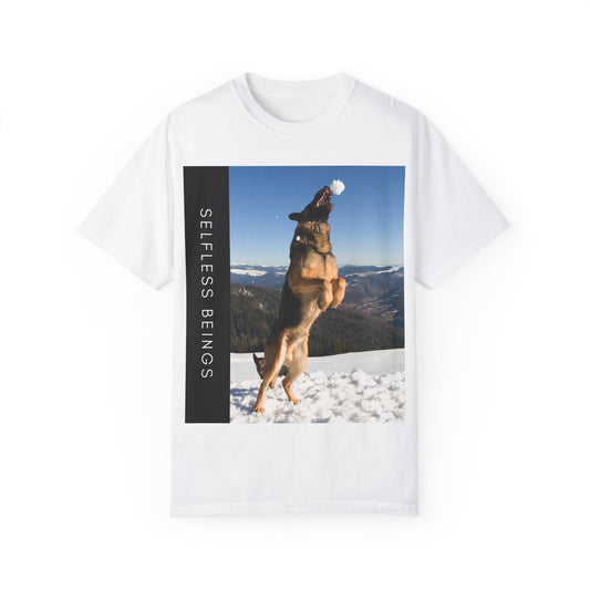 Unisex Dog Lover T-Shirt With a German Shepherd Jumps Upward to Catch a Small Snowball With Mouth and Caption Selfless Beings