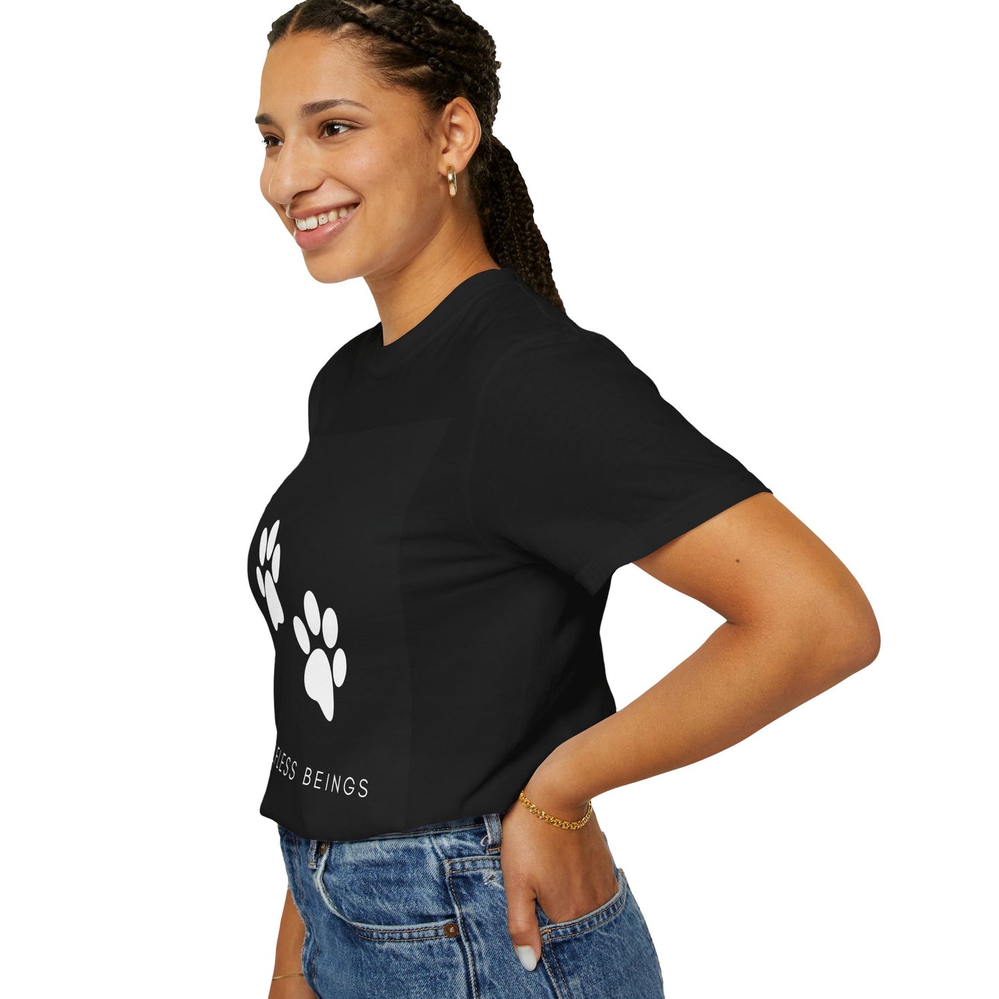 Unisex Dog Lover T-Shirt With White Dog Paw Prints and Caption Selfless Beings