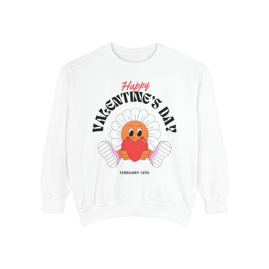 Unisex Valentine's Day Sweatshirt With Orange Cartoon Character Holding a Red Heart and Caption Happy Valentine's Day