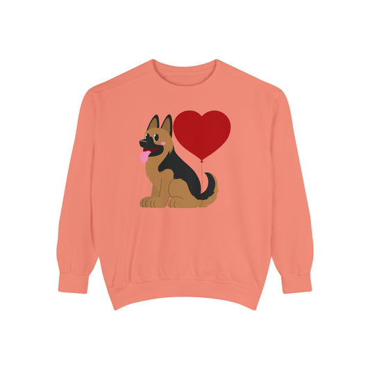 Unisex Dog Lover Sweatshirt With a Graphic of German Shepherd Puppy and Heart Shaped Balloon Attached With Tail