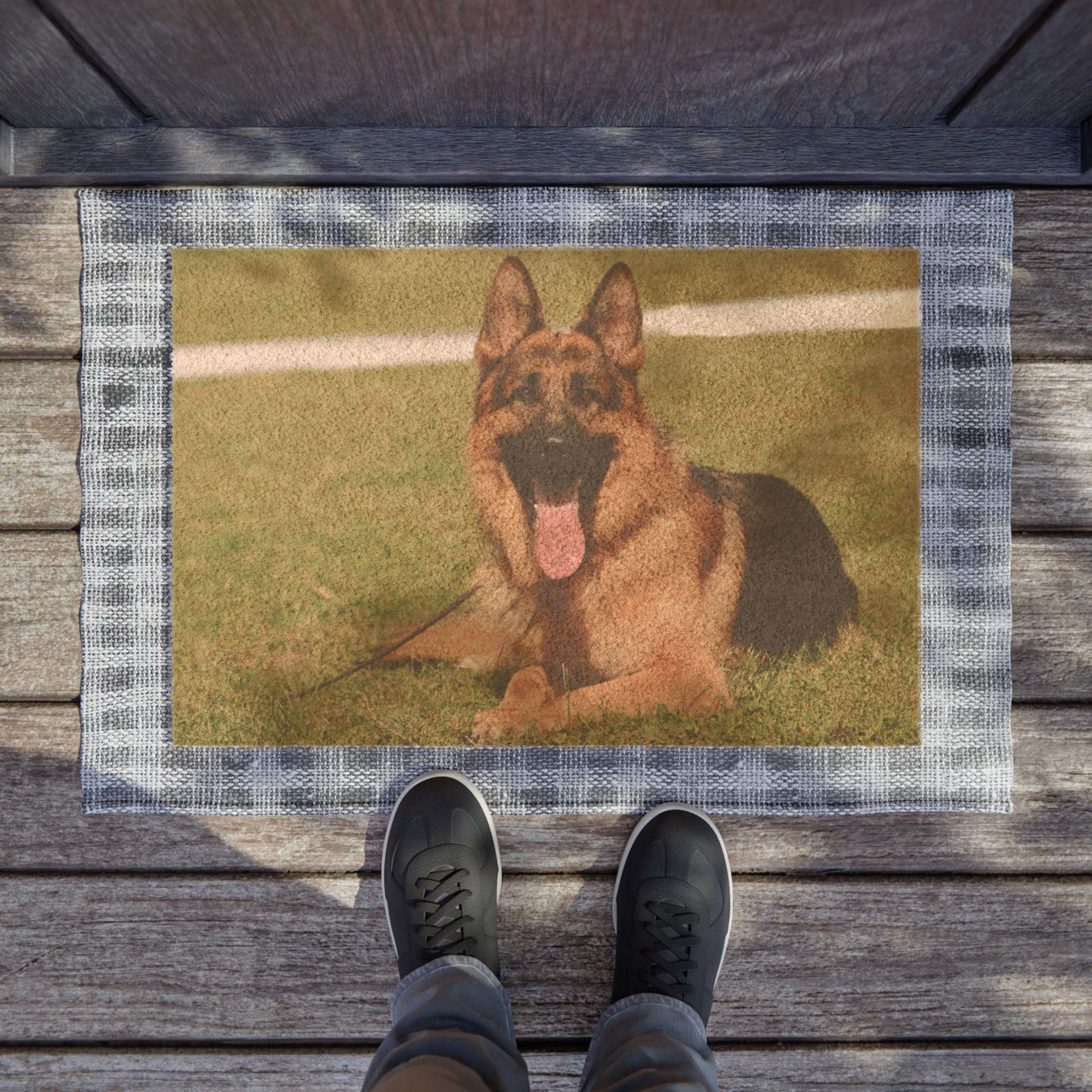 Dog Lovers Doormat Featuring a Giant German Shepherd Sitting on the Grass With a Hanging Tongue