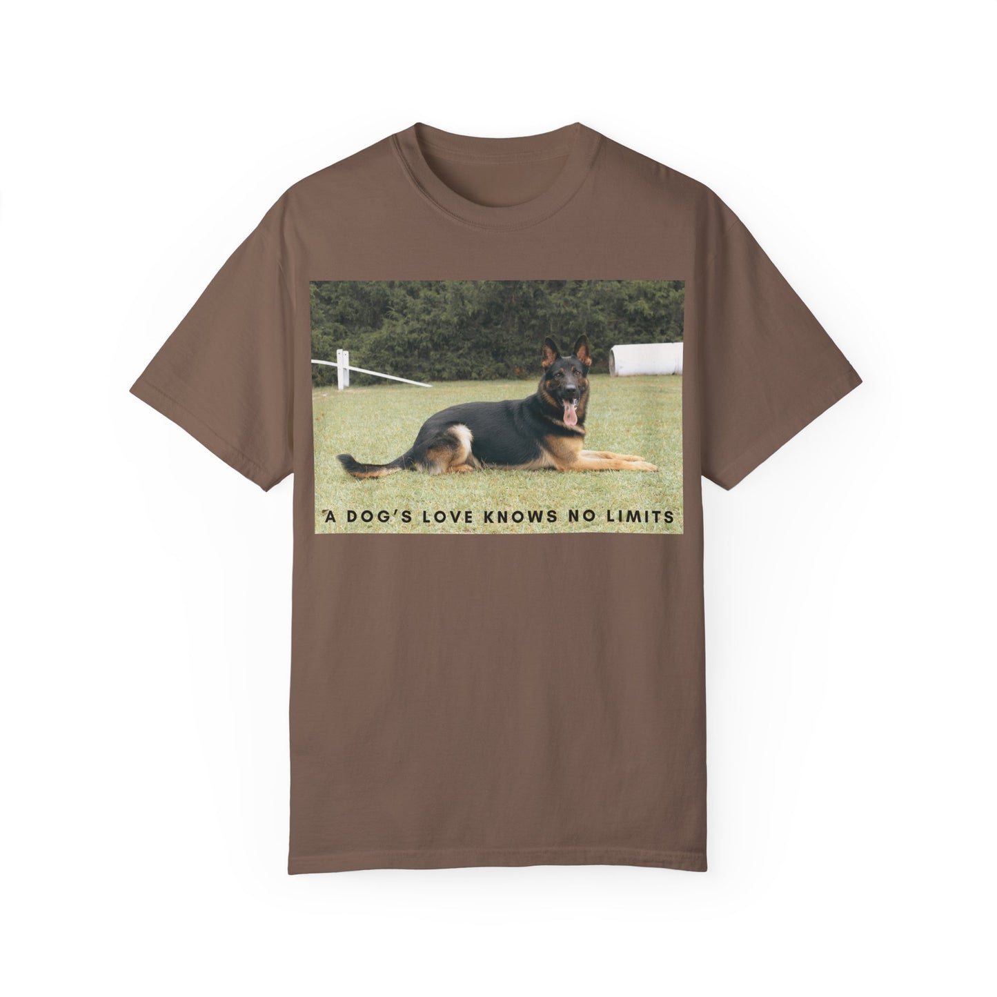 Unisex Dog Lover T-Shirt With a Giant German Shepherd Resting On the Grass Leaving Tongue Out and Text A Dog's Love Knows
