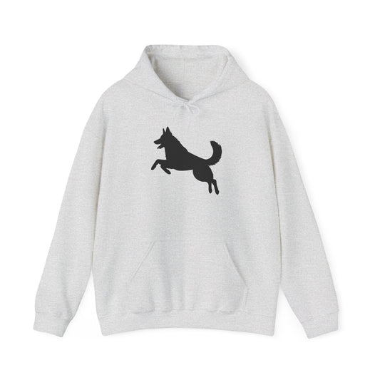 Unisex Dog Lover Hoodie With a Graphic of Solid Black German Shepherd Jumping in the Air