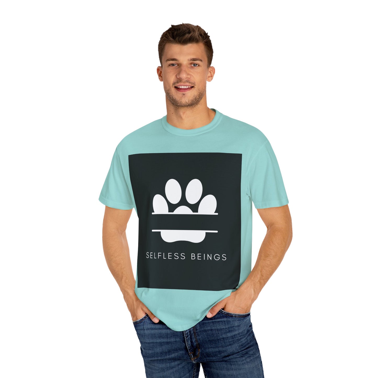 Unisex Dog Lover T-Shirt With Design of Dog's White Paw Print Whose Metacarpal is Split and Caption Selfless Beings
