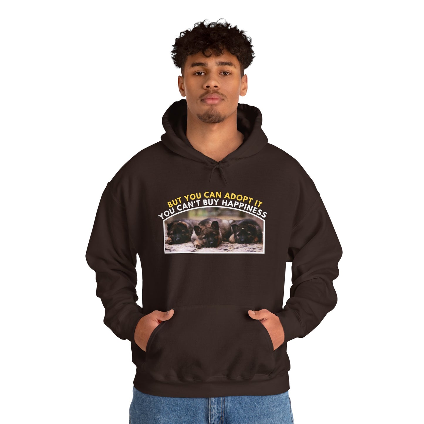Unisex Dog Lover Hoodie With Three Cute German Shepherd Puppies Sitting in a Row and Caption You Can't Buy Happiness But You Can Adopt It