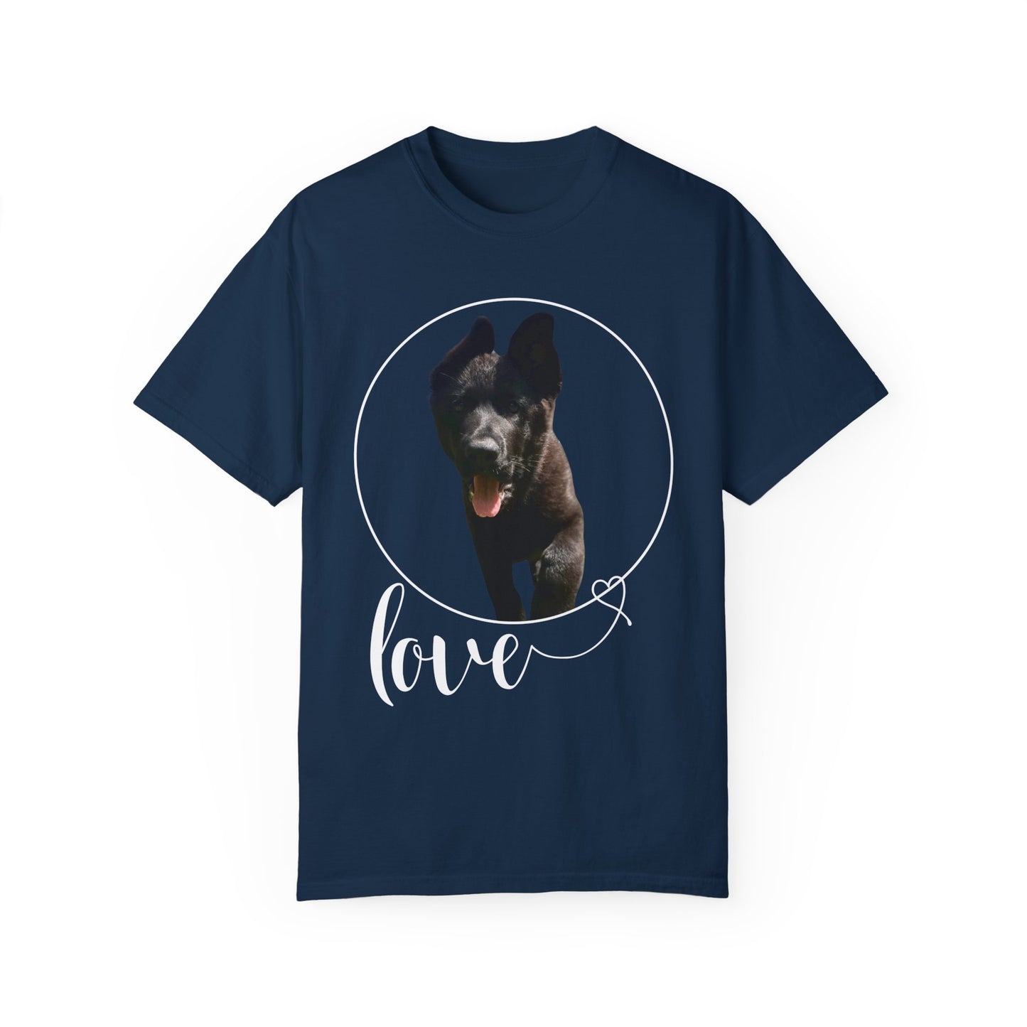 Unisex Dog Lover T-Shirt With Solid Black German Shepherd Walking On a Grass and Text Love