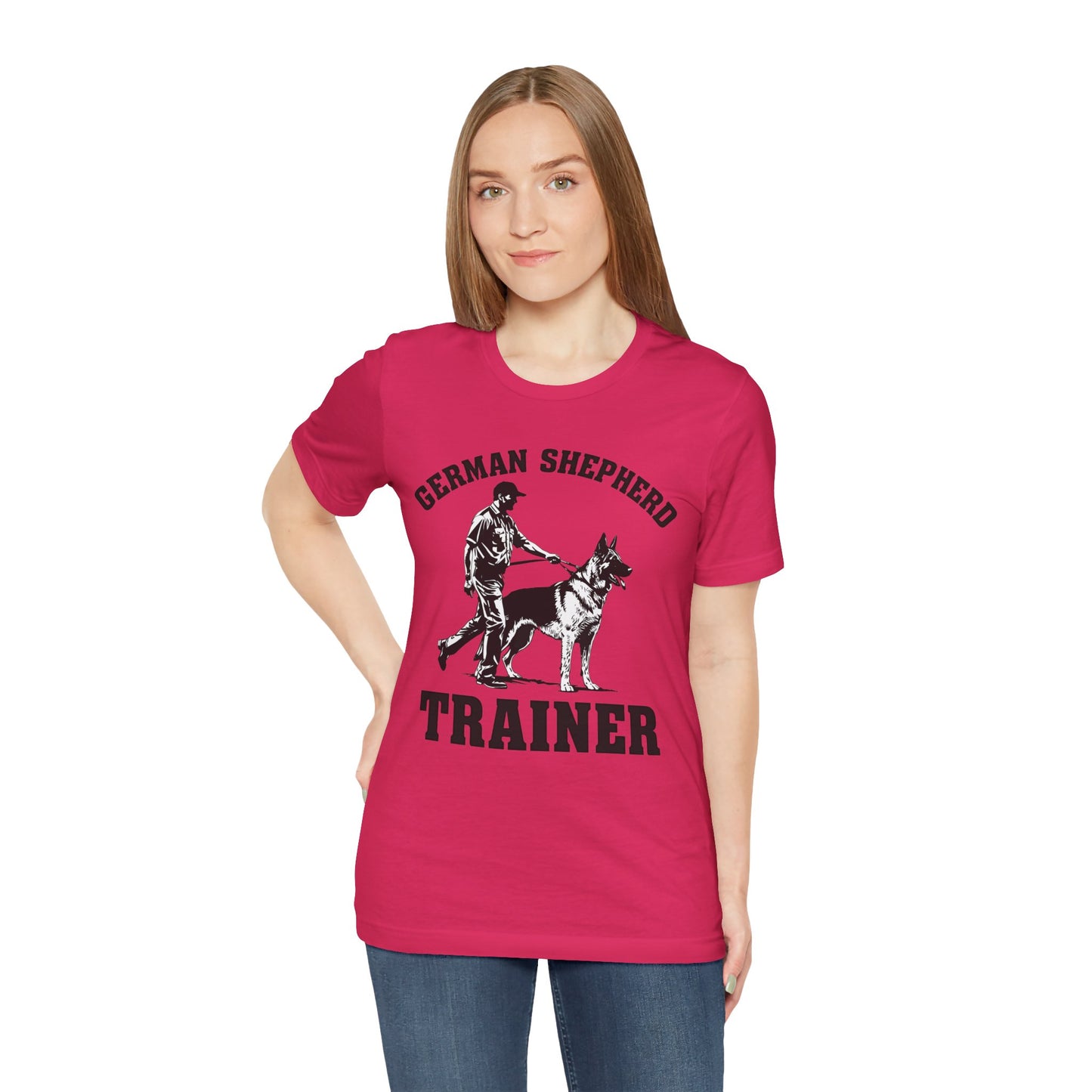 German Shepherd Trainer Tee - Black and White Design of Man Holding a German Shepherd