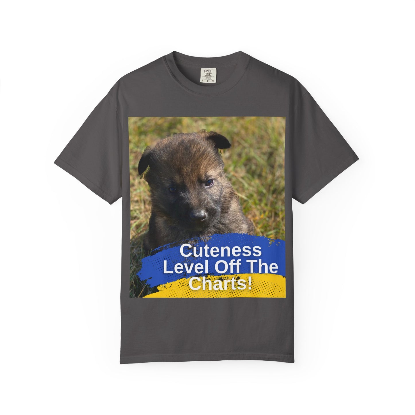 Unisex Dog Lover T-Shirt Featuring a German Shepherd Puppy and Caption Cuteness Level Off The Charts
