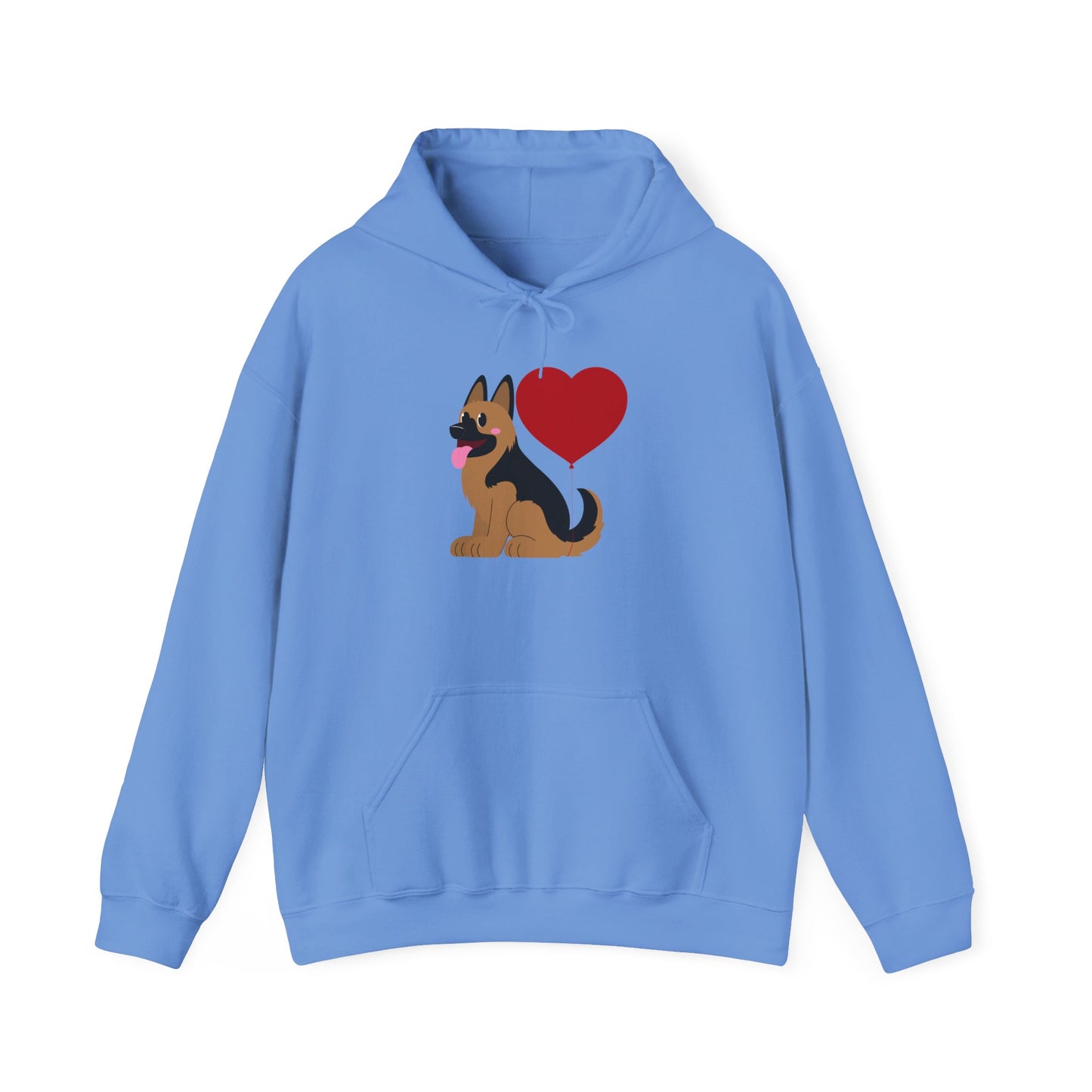 Unisex Dog Lover Hoodie With a Graphic of German Shepherd Puppy and Heart Shaped Balloon Attached With Tail
