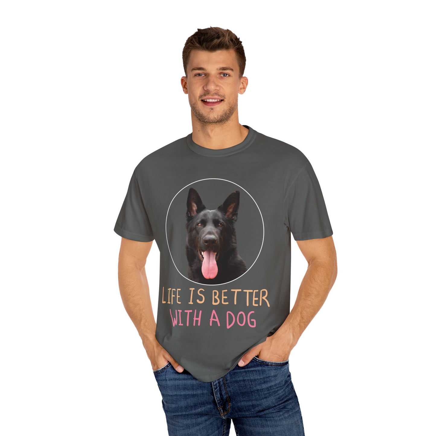 Unisex Dog Lover T-Shirt With Black German Shepherd Leaving Tongue Out and Caption Life is Better With A Dog
