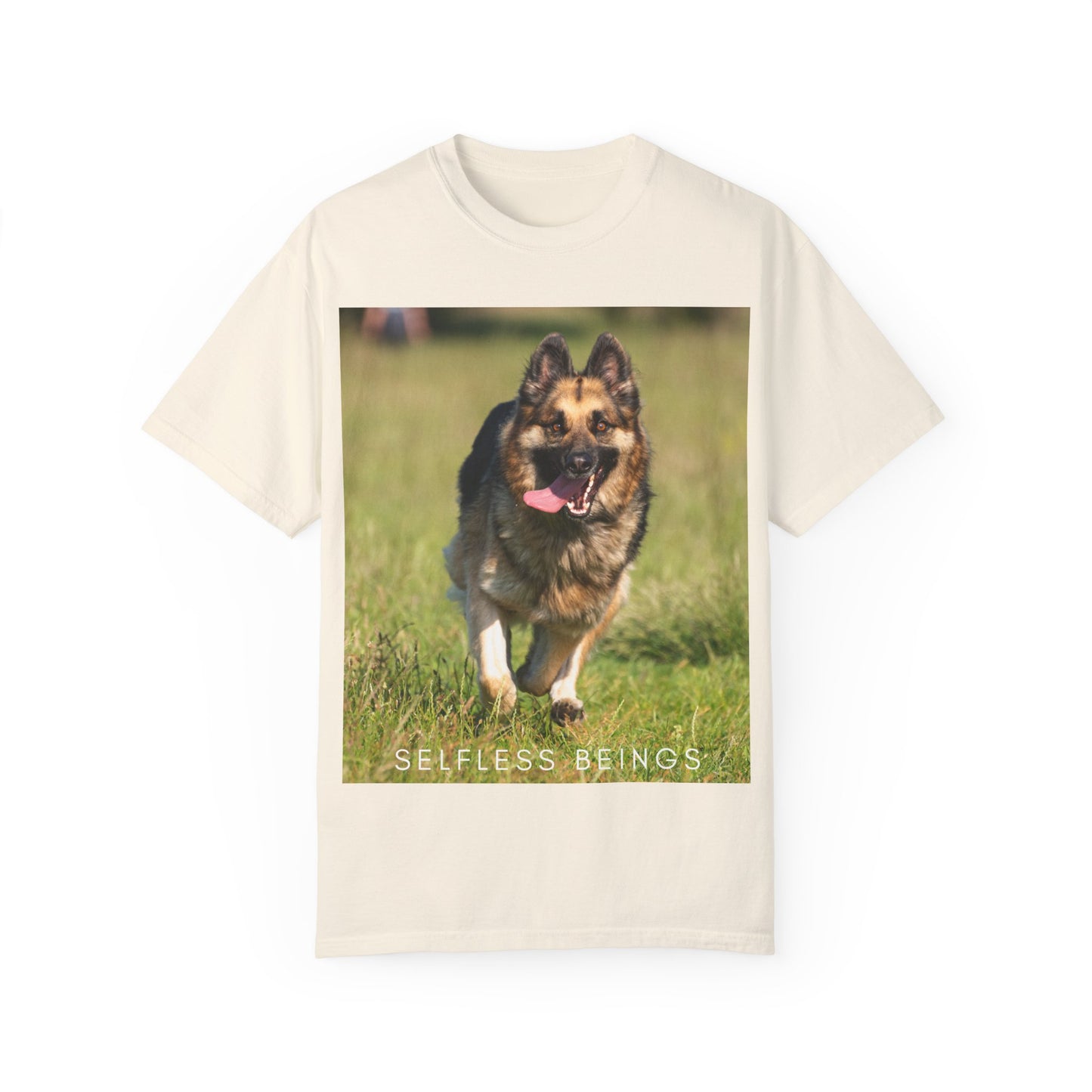 Unisex Dog Lover T-Shirt With Beautiful German Shepherd Running on the Field Leaving Tongue Out and Caption Selfless Beings