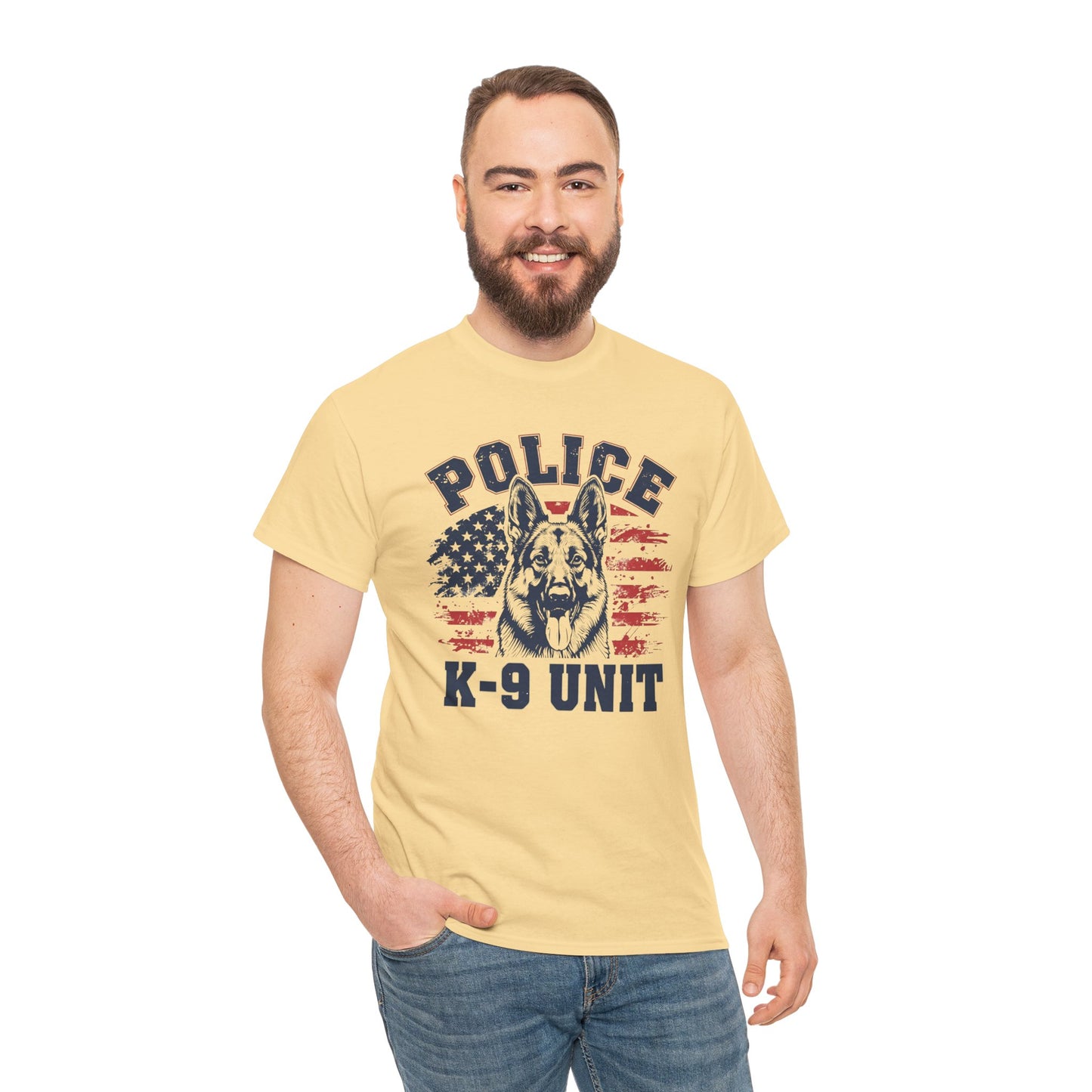 Patriotic Police K-9 Unit T-Shirt With American Flag in Background, Unisex Heavy Cotton Tee
