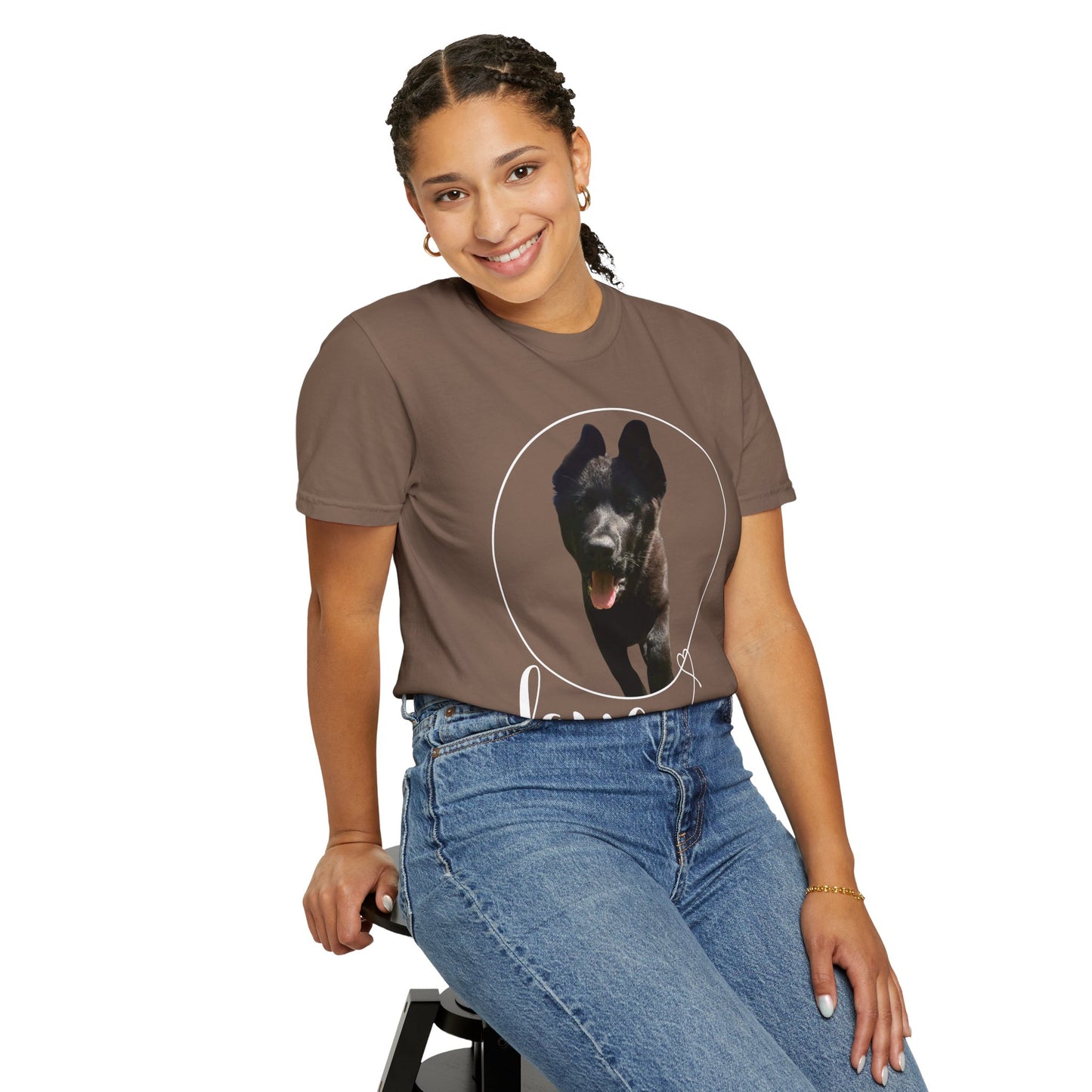 Unisex Dog Lover T-Shirt With Solid Black German Shepherd Walking On a Grass and Text Love