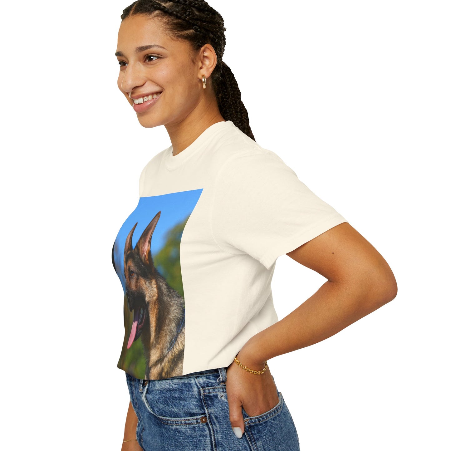 Unisex Dog Lover T-Shirt With a Portrait of a German Shepherd Over Nature Background and Caption Selfless Beings
