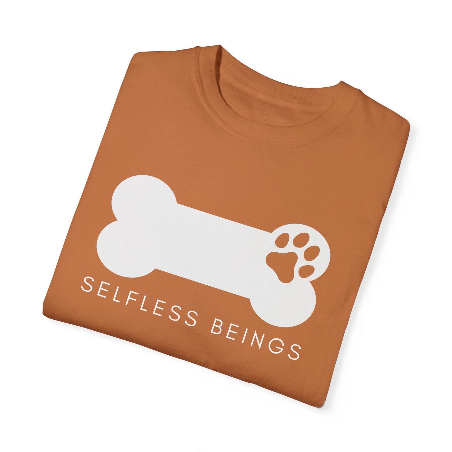 Unisex Dog Lover T-Shirt With Dog's Paw Print Inside a Bone and Caption Selfless Beings