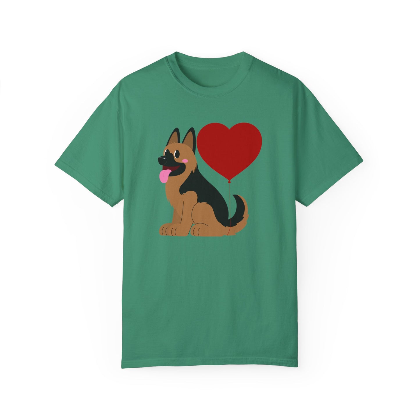 Unisex Dog Lover T-Shirt With a Graphic of German Shepherd Puppy and Heart Shaped Balloon Attached With Tail